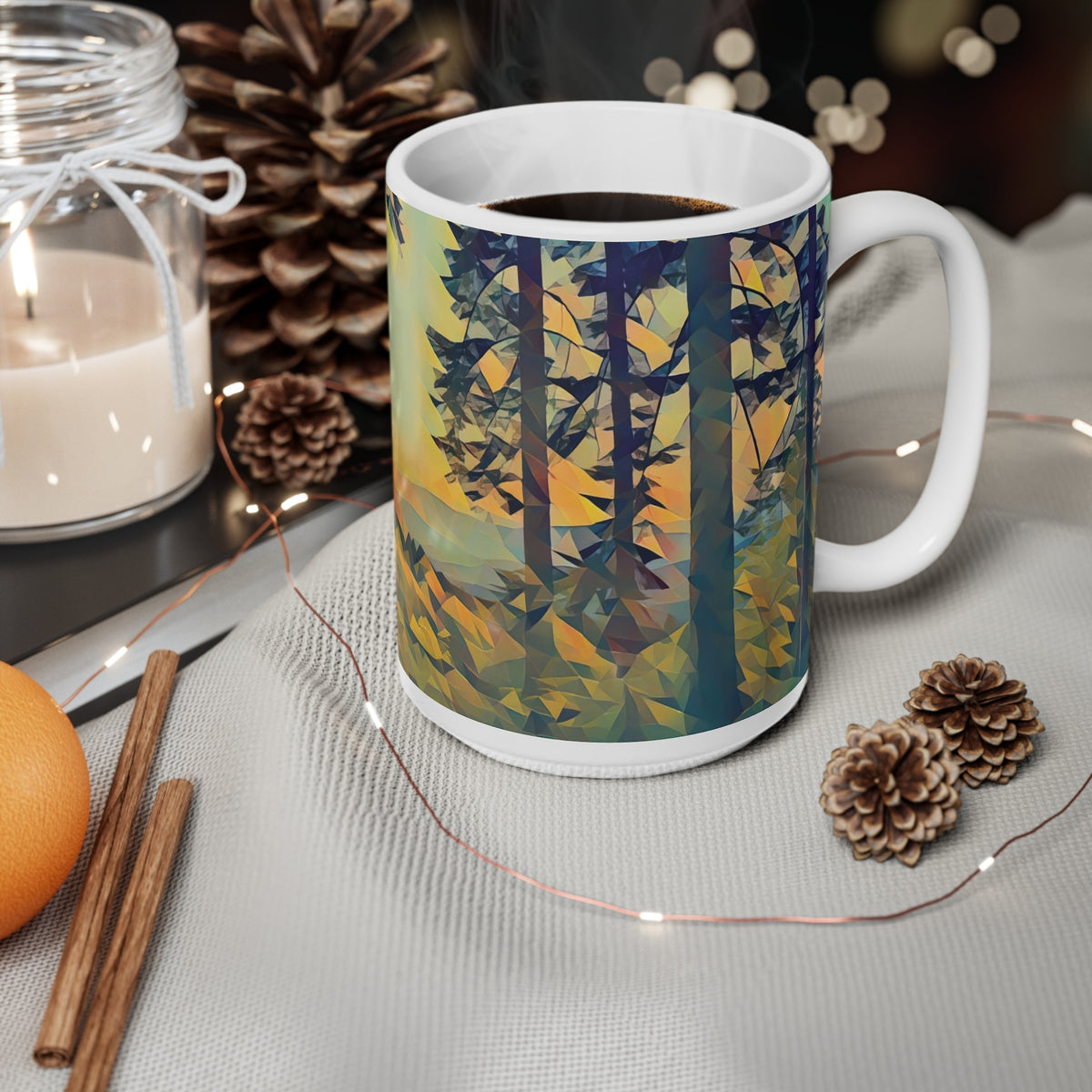 Ceramic White Cup 15oz - Poly Art - Forest Sunset (Variant 1)