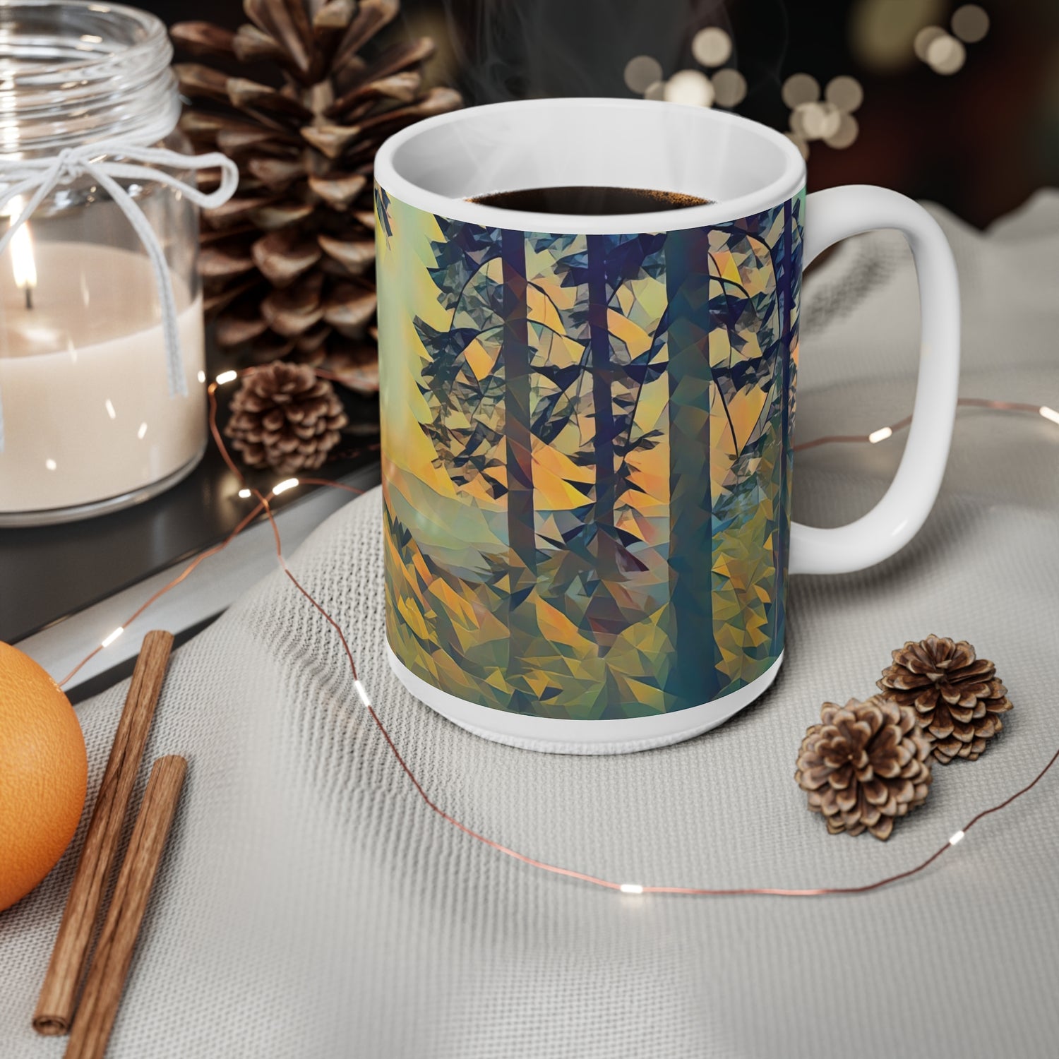 Ceramic White Cup 15oz - Poly Art - Forest Sunset (Variant 1)