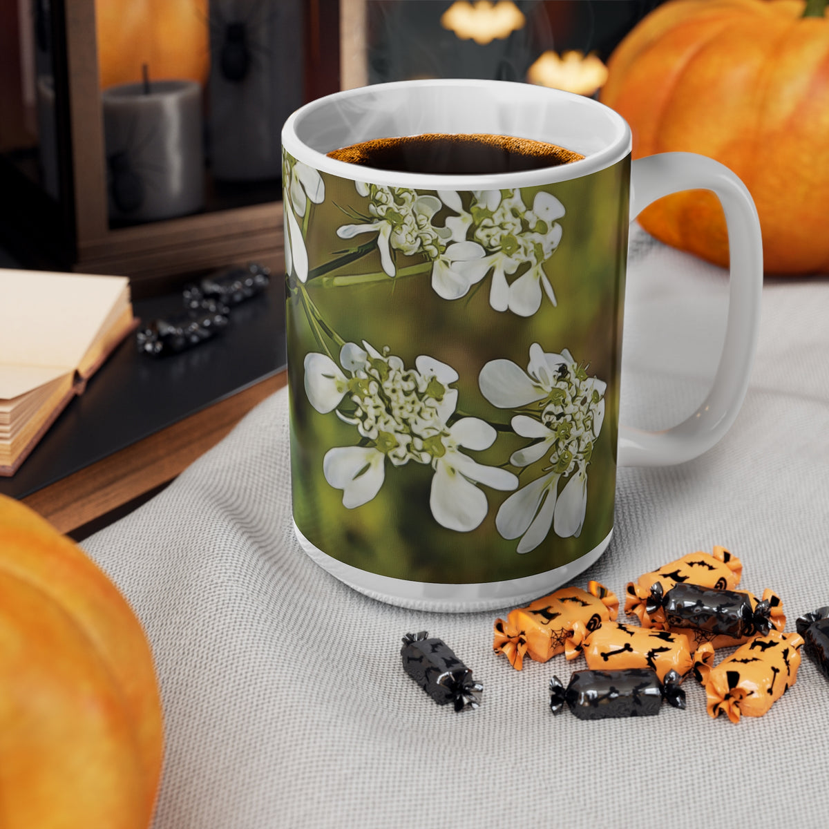 Ceramic White Cup 15oz - Flower with a small insect