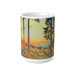 Ceramic White Cup 15oz - Poly Art - Forest Sunset (Variant 1)