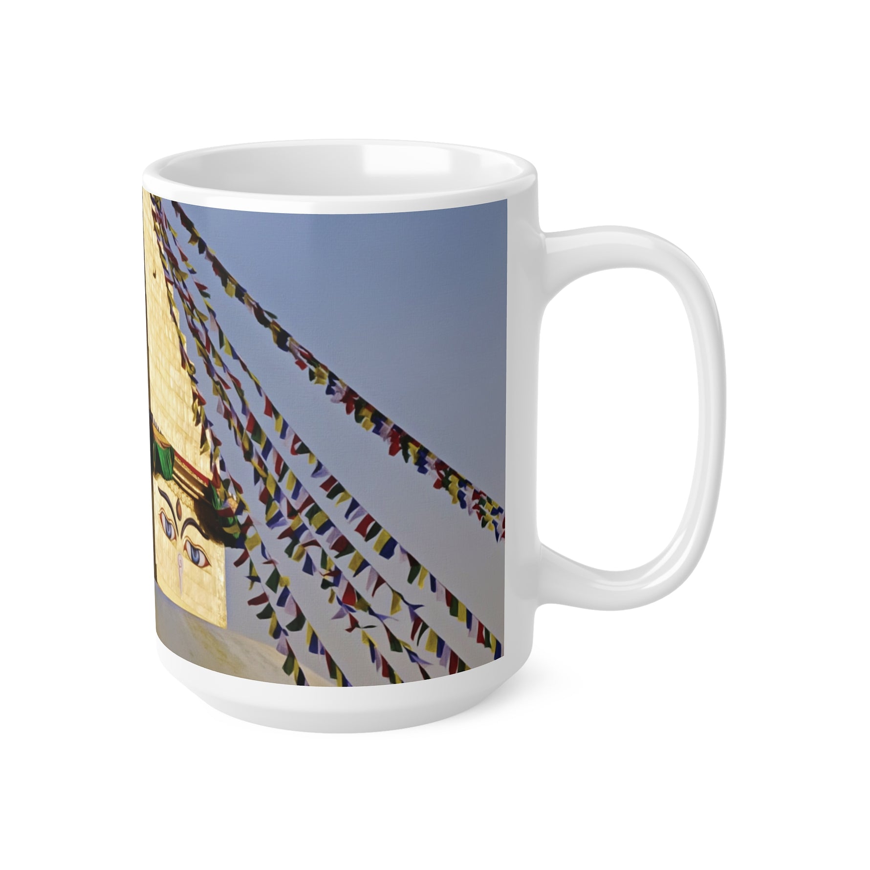 Ceramic White Cup 15oz - Nepal, Stupa with Buddha's Eyes (Variant 6)