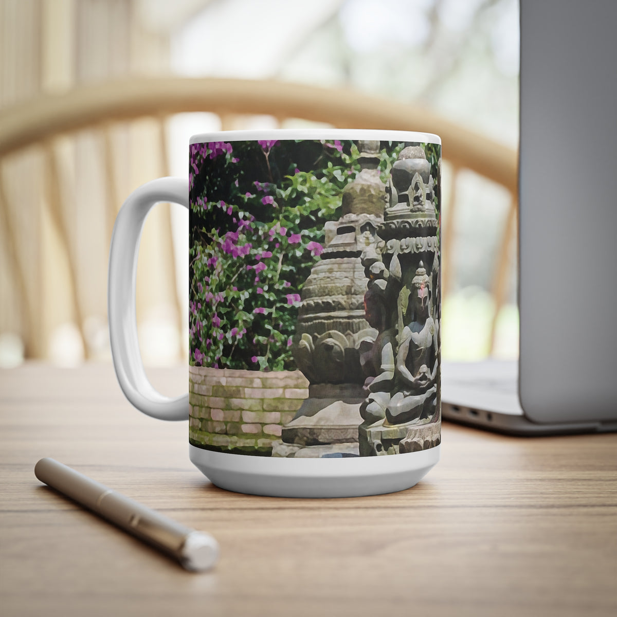 Ceramic White Cup 15oz - Nepal, Bodhisattvas Stone Sculptures