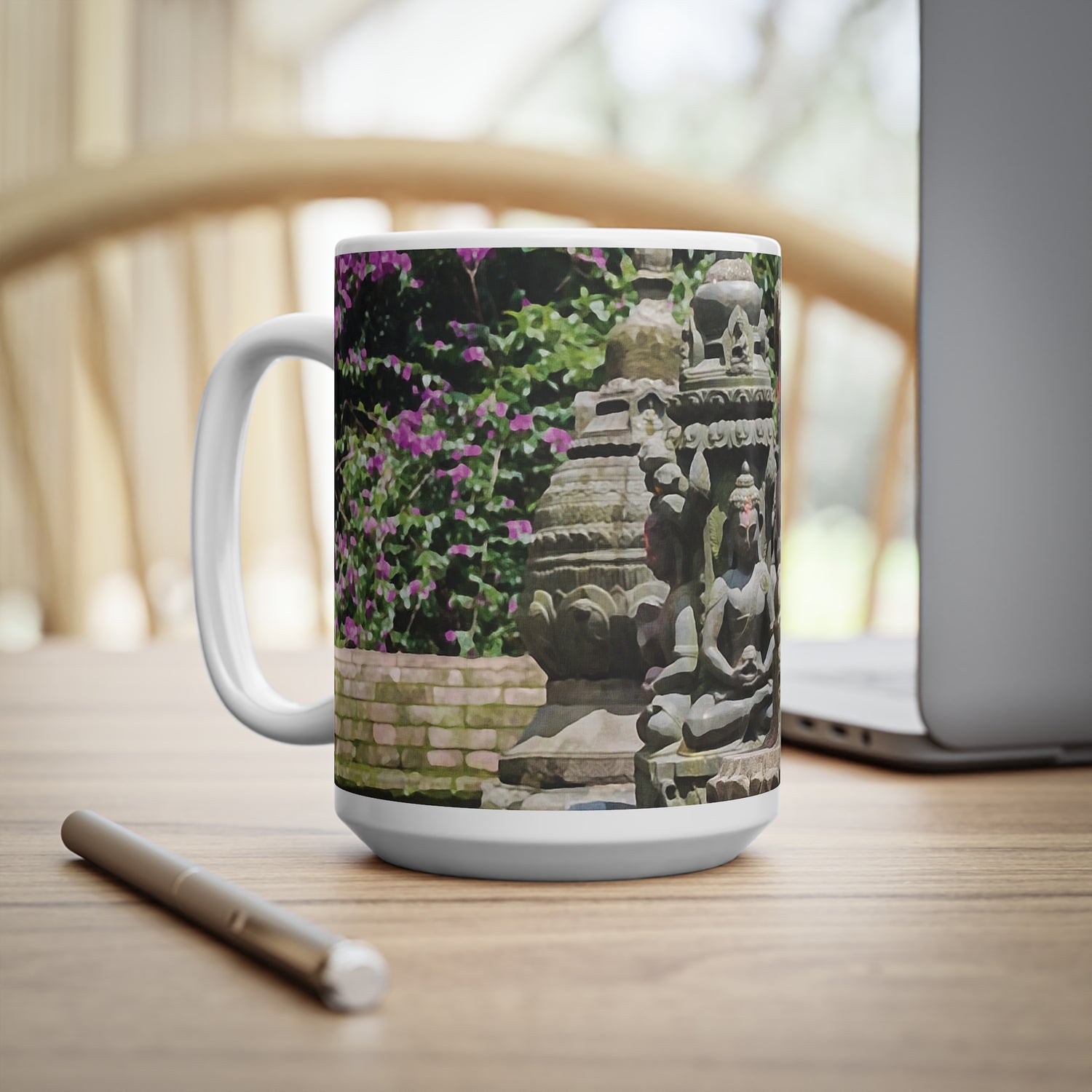 Ceramic White Cup 15oz - Nepal, Bodhisattvas Stone Sculptures