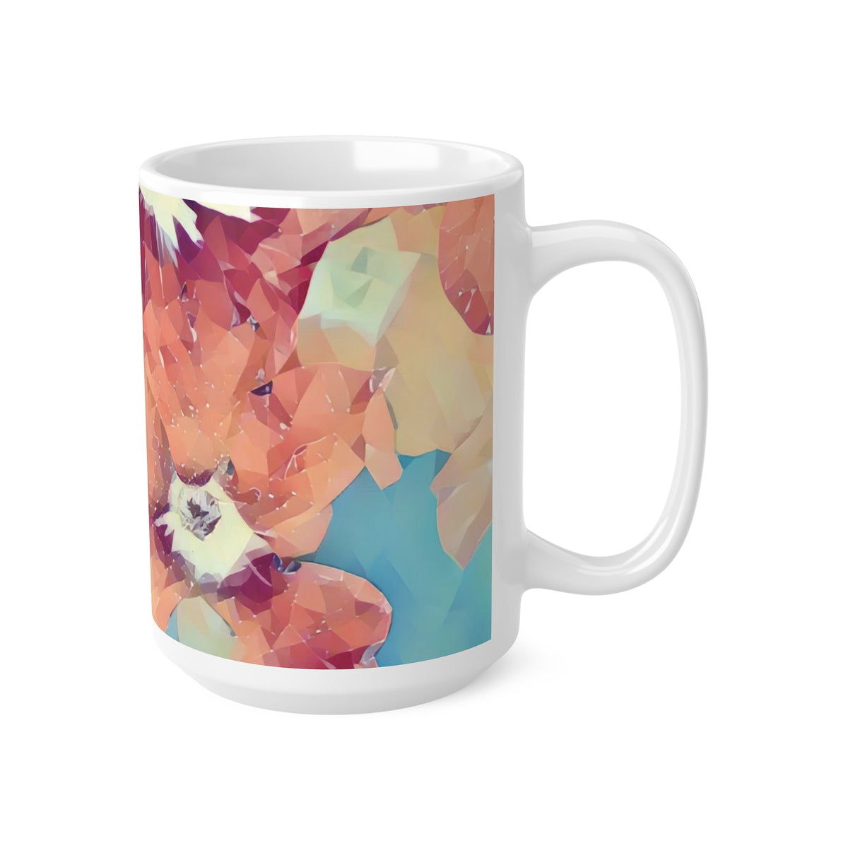 Ceramic White Cup 15oz - Poly Art - Flowers in sky blue and red (Variant 3)