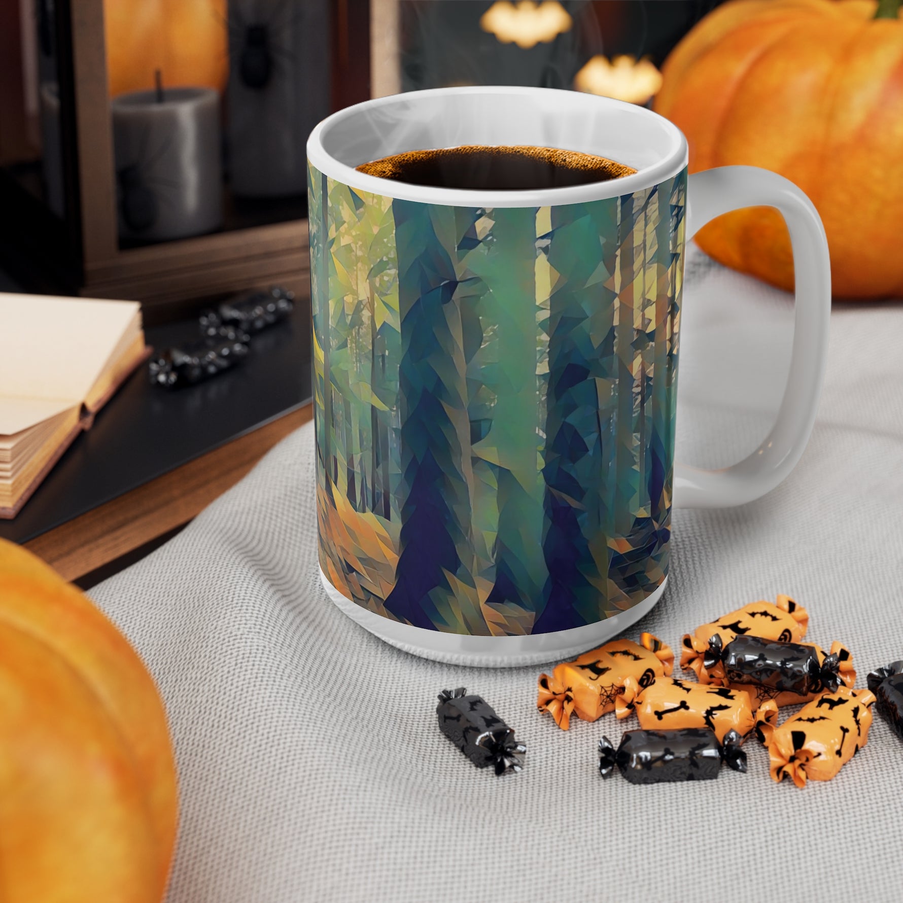 Ceramic White Cup 15oz - Poly Art - Forest, a Path (Variant 2)