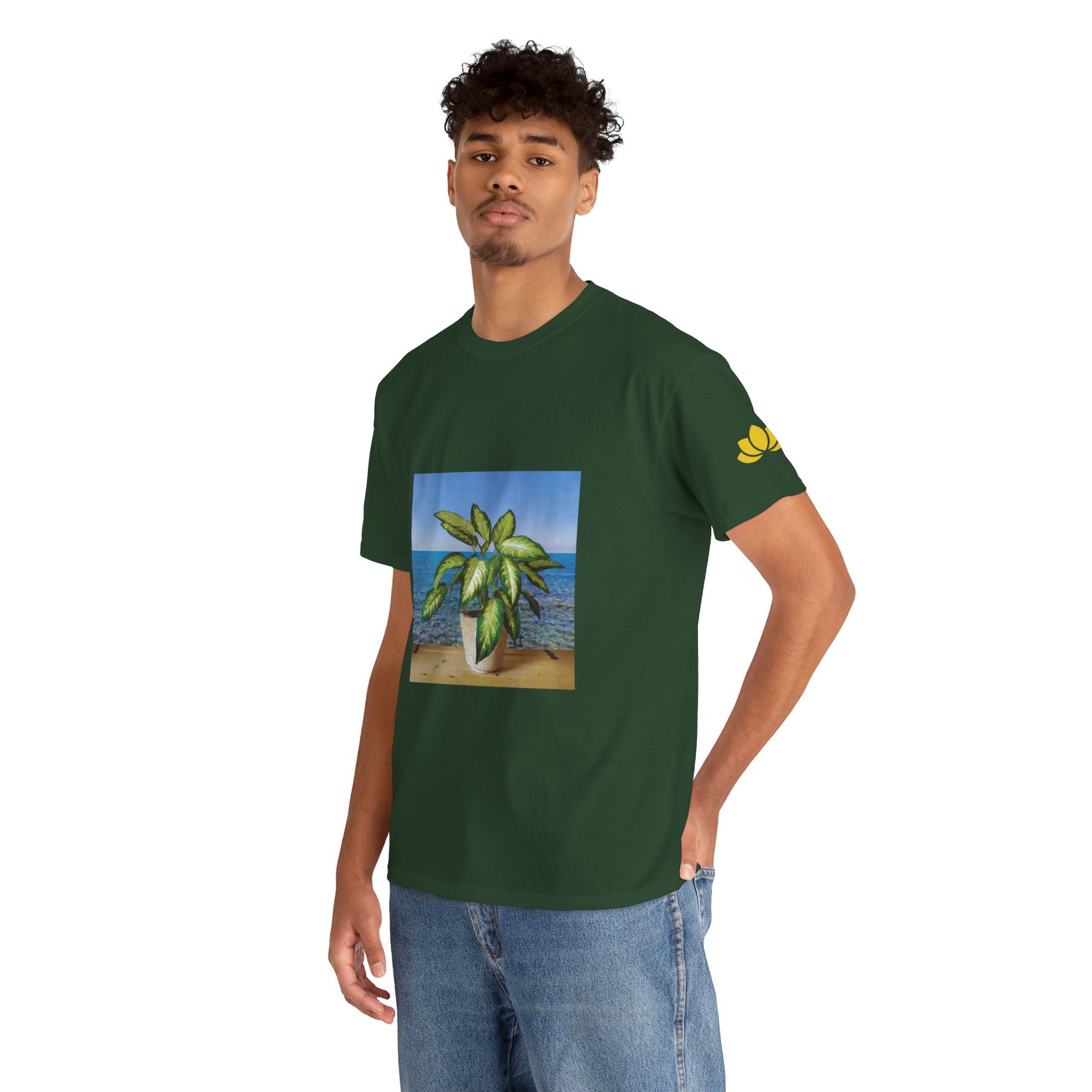 Unisex Heavy Cotton Tee - Dieffenbachia Plant and Sea landscape