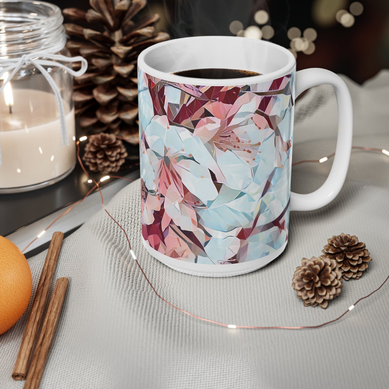 Ceramic White Cup 15oz - Poly Art - Apples' Tree Flower (Variant 4)