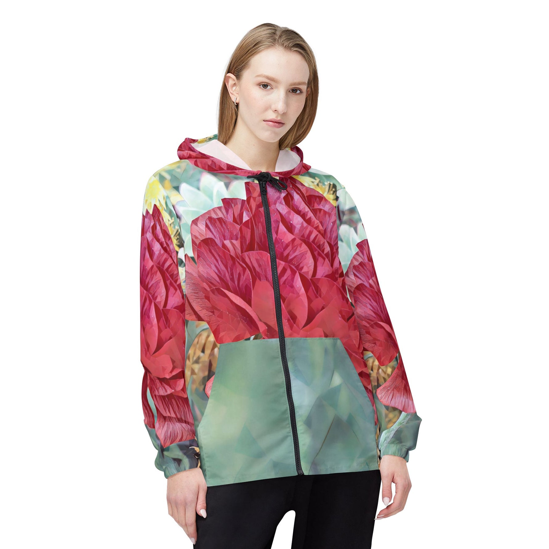 Windbreaker Jacket - Poly Art - Flower of Dahlia in Red (Variant 2)