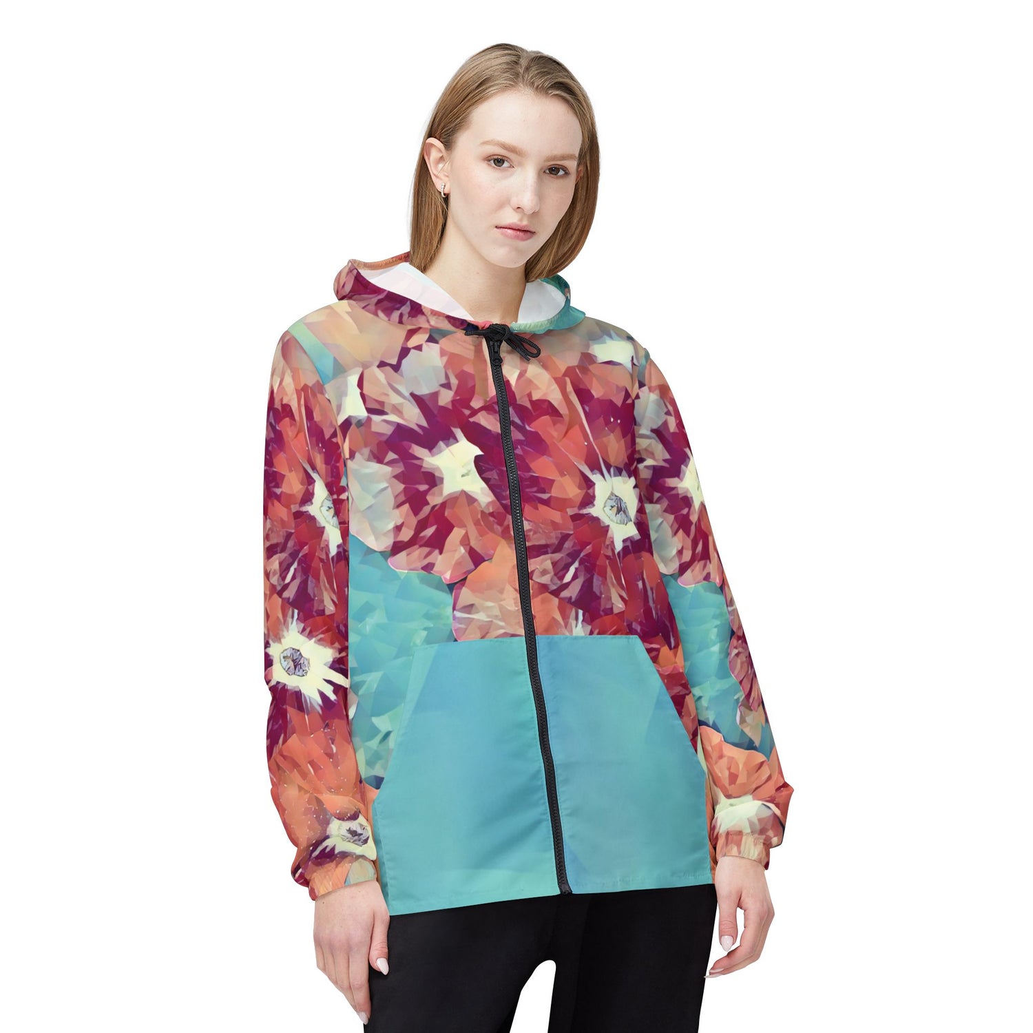 Windbreaker Jacket - Poly Art - Flower, Petals in Light Blue and Red