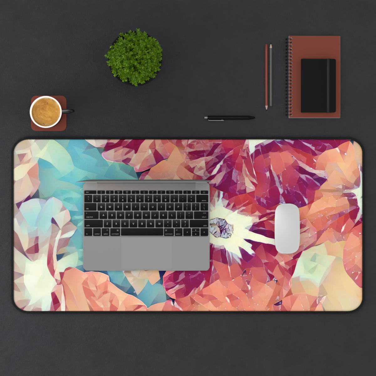 Desk Mat - Poly Art - Flowers, light blue and red colors (Variant 2)