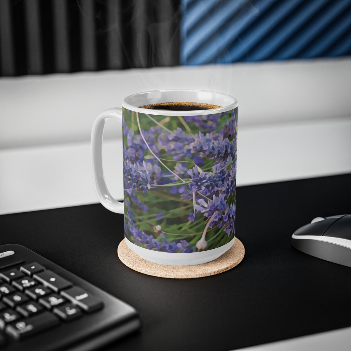 Ceramic White Cup 15oz - Flower of Lavender and Chamomile