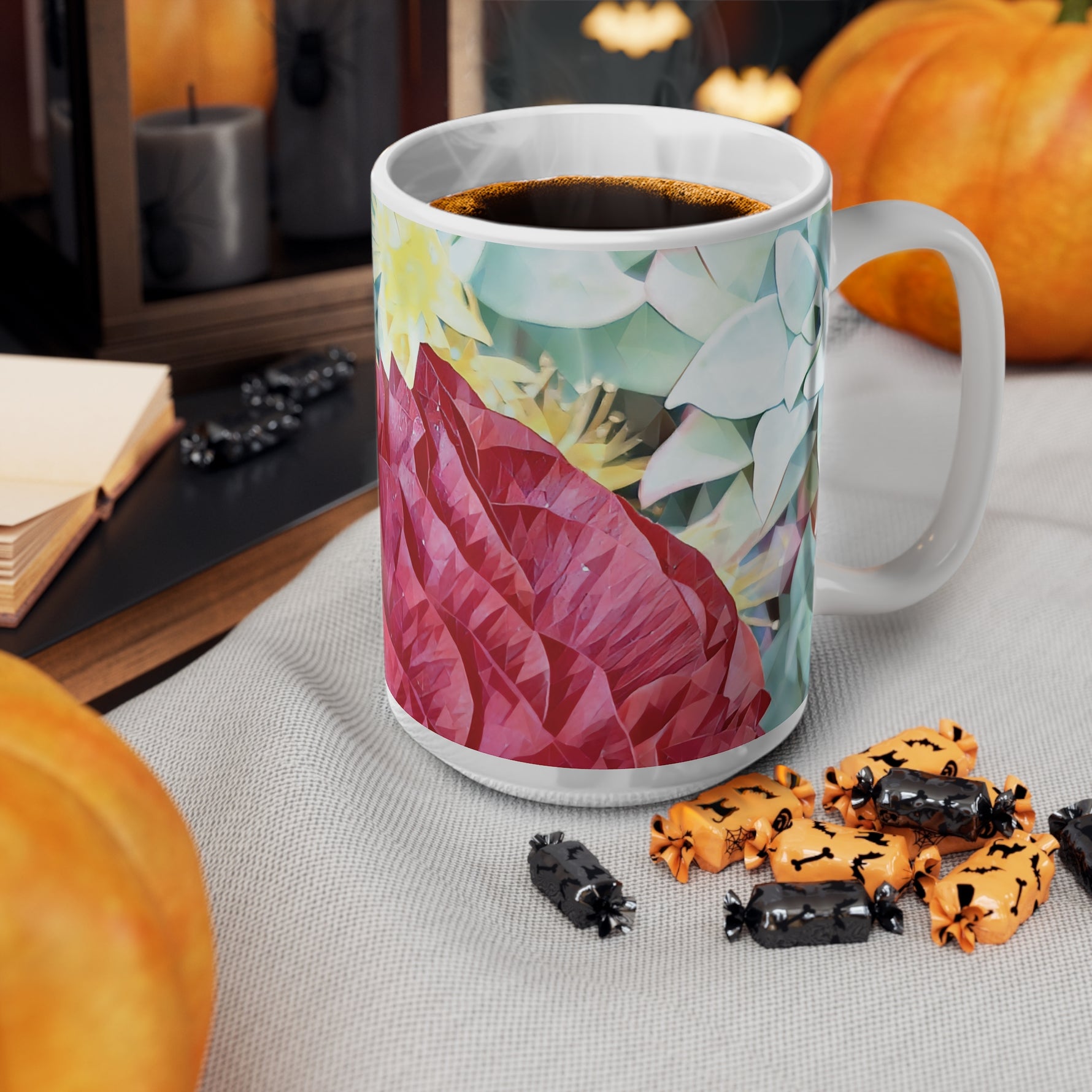 Ceramic White Cup 15oz - Poly Art - Flower of Dahlia in Red (Variant 2)