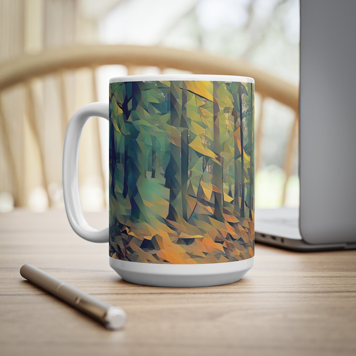 Ceramic White Cup 15oz - Poly Art - Forest, a Path (Variant 2)