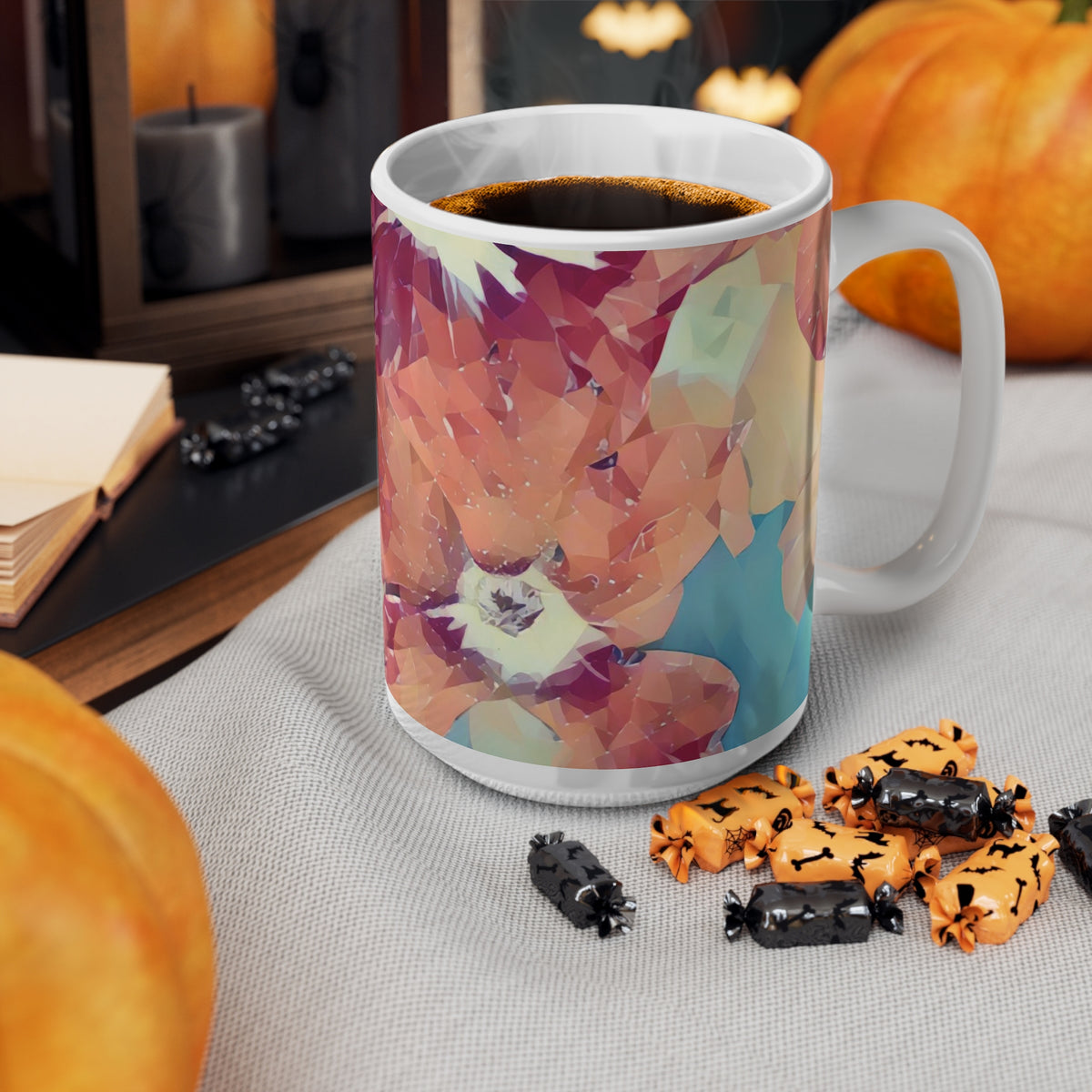 Ceramic White Cup 15oz - Poly Art - Flowers in sky blue and red (Variant 3)