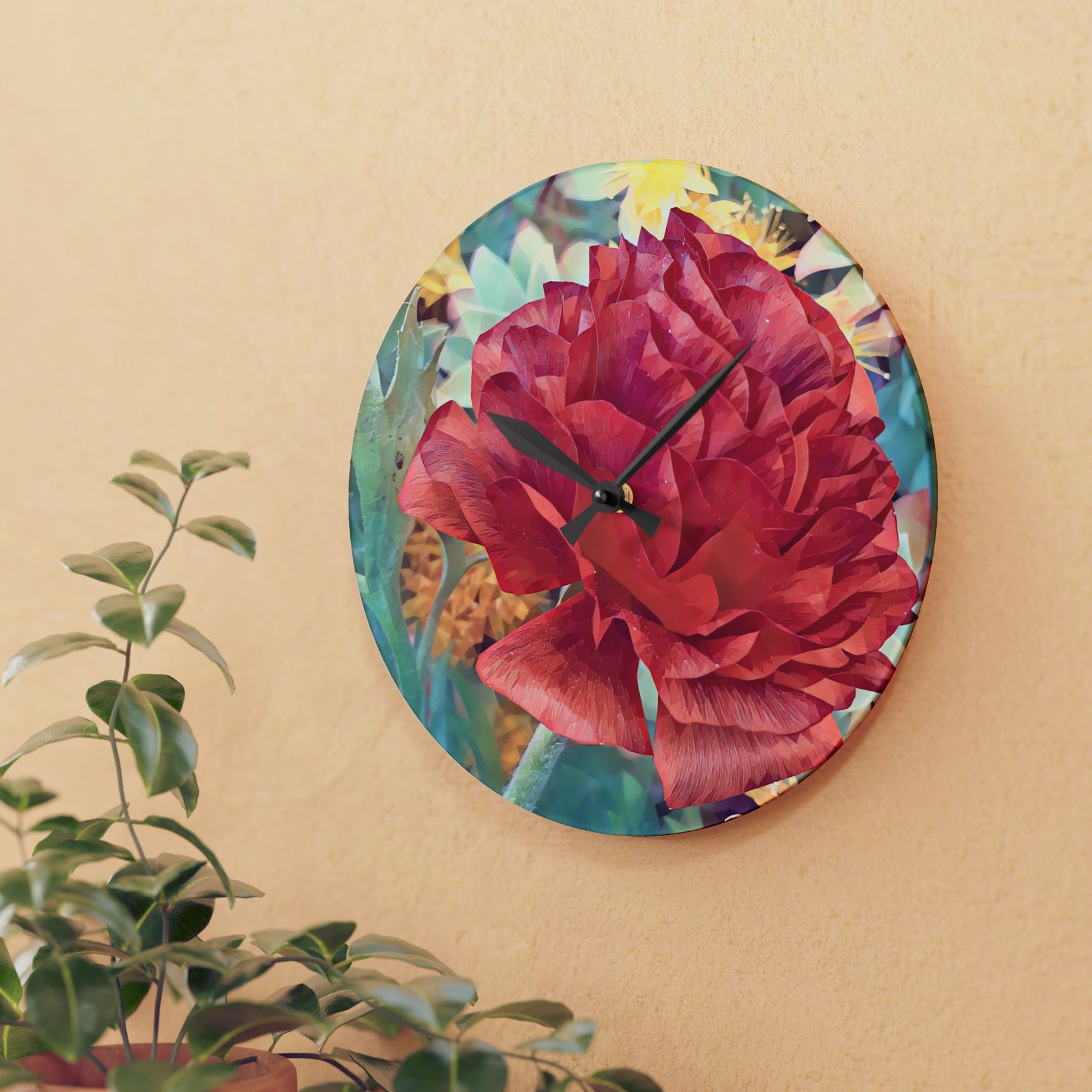 Acrylic Wall Clock - Poly Art - Flower of Dahlia in Red (Variant 1)