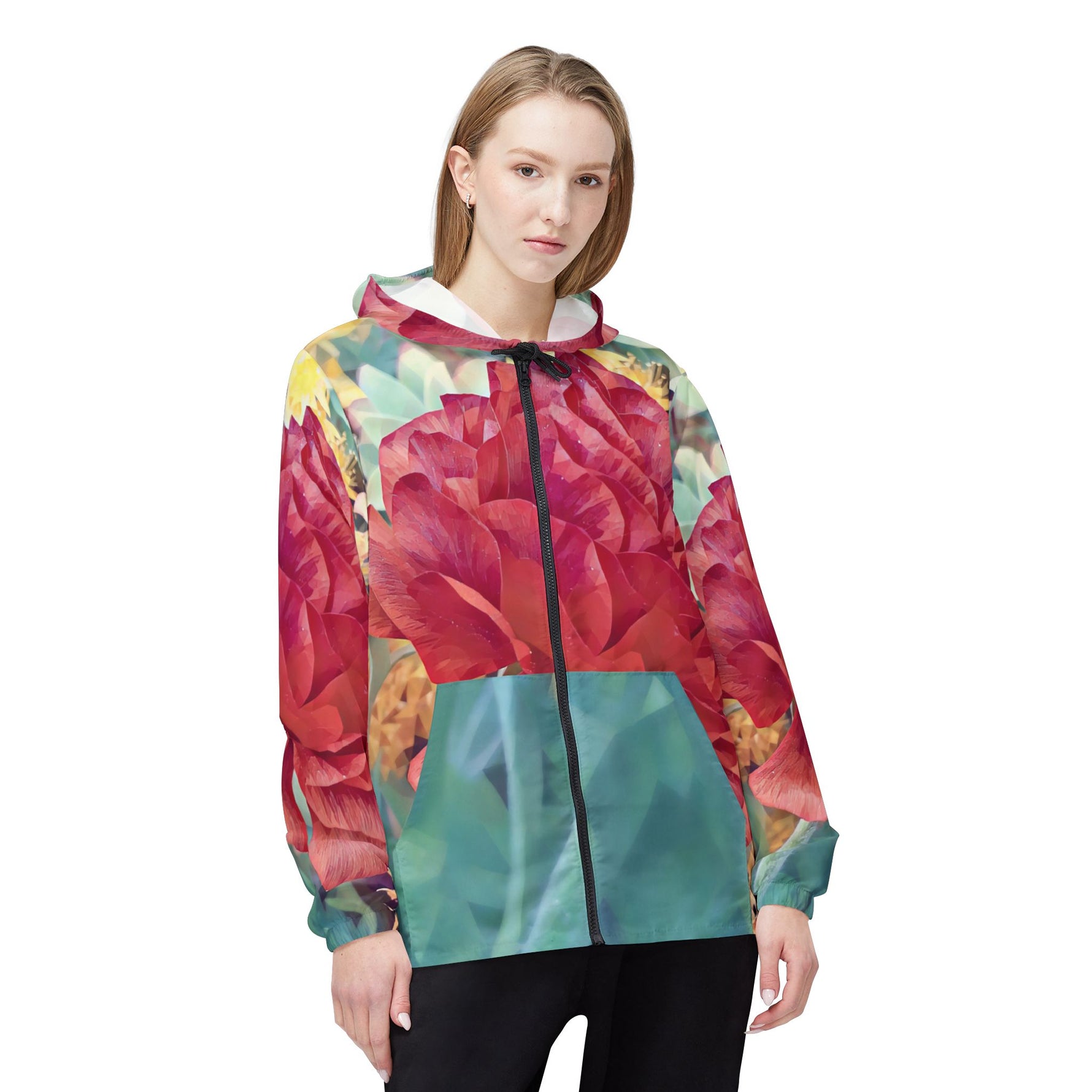 Windbreaker Jacket - Poly Art - Flower of Dahlia in Red (Variant 1)