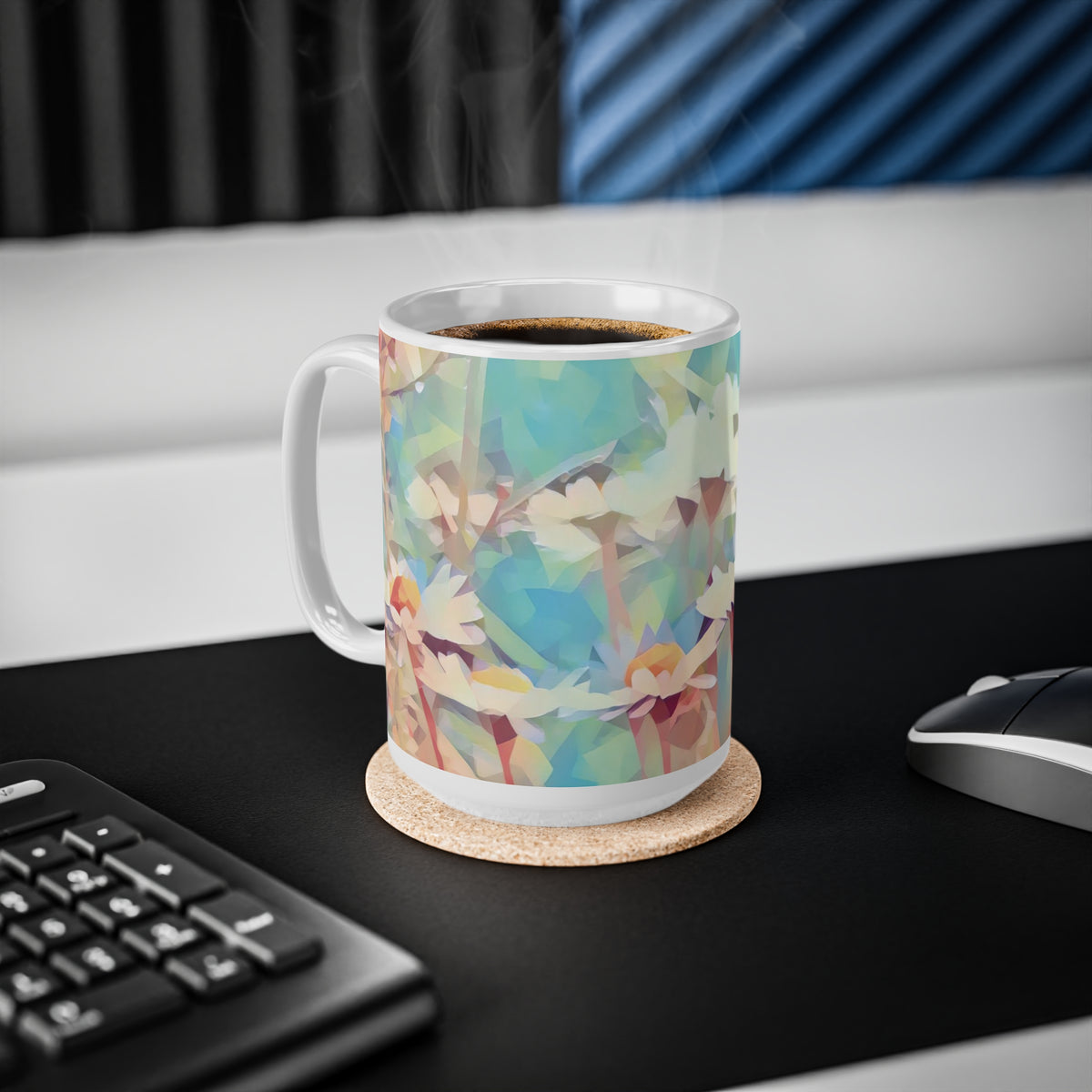 Ceramic White Cup 15oz - Poly Art - Flower of Daisies (Variant 3)