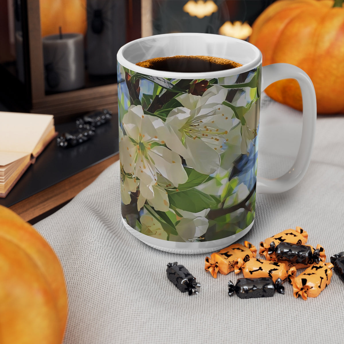 Ceramic White Cup 15oz - Poly Art - Apples' Tree Flower (Variant 1)