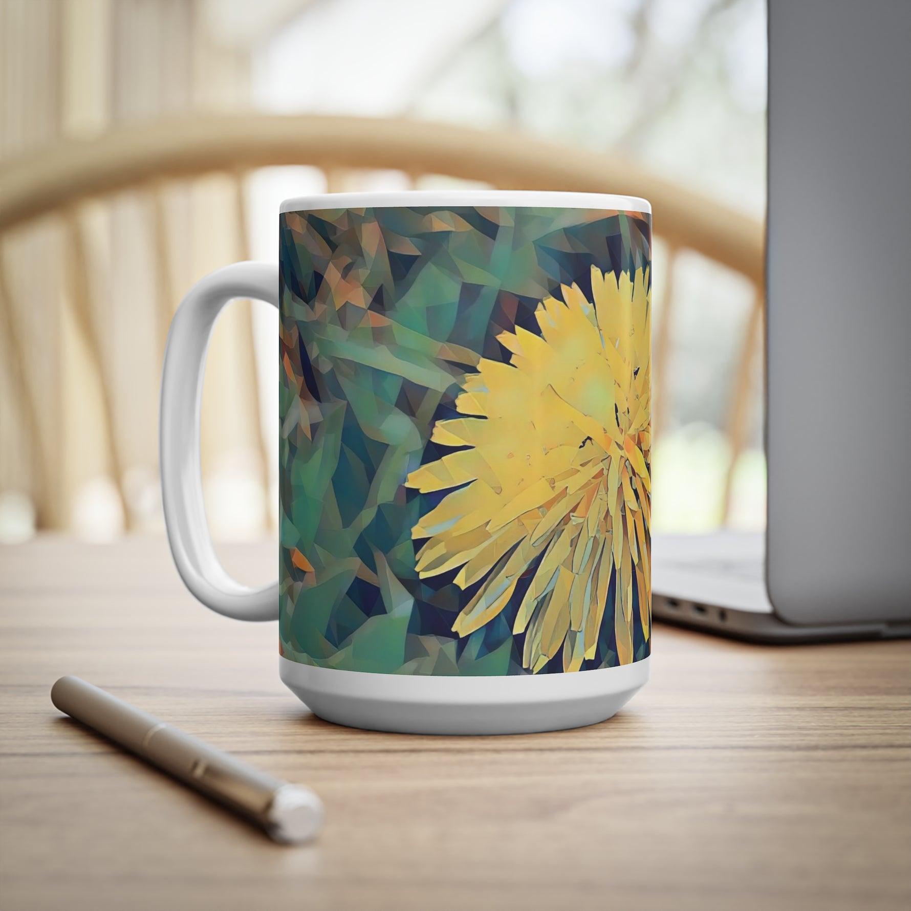 Ceramic White Cup 15oz - Poly Art - Flower of Dandelion (Variant 1)