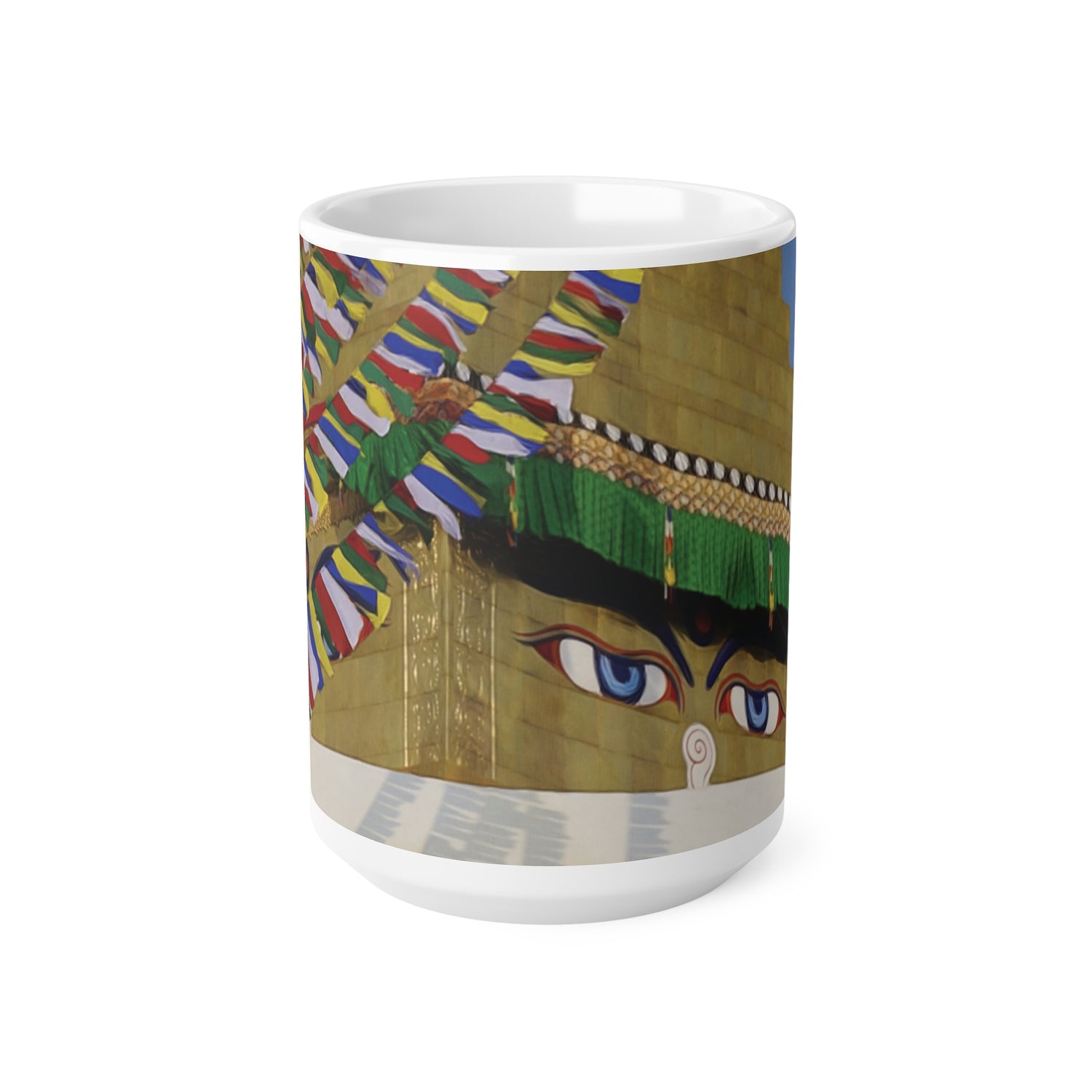 Ceramic White Cup 15oz - Nepal, Stupa with Buddha's Eyes (Variant 3)