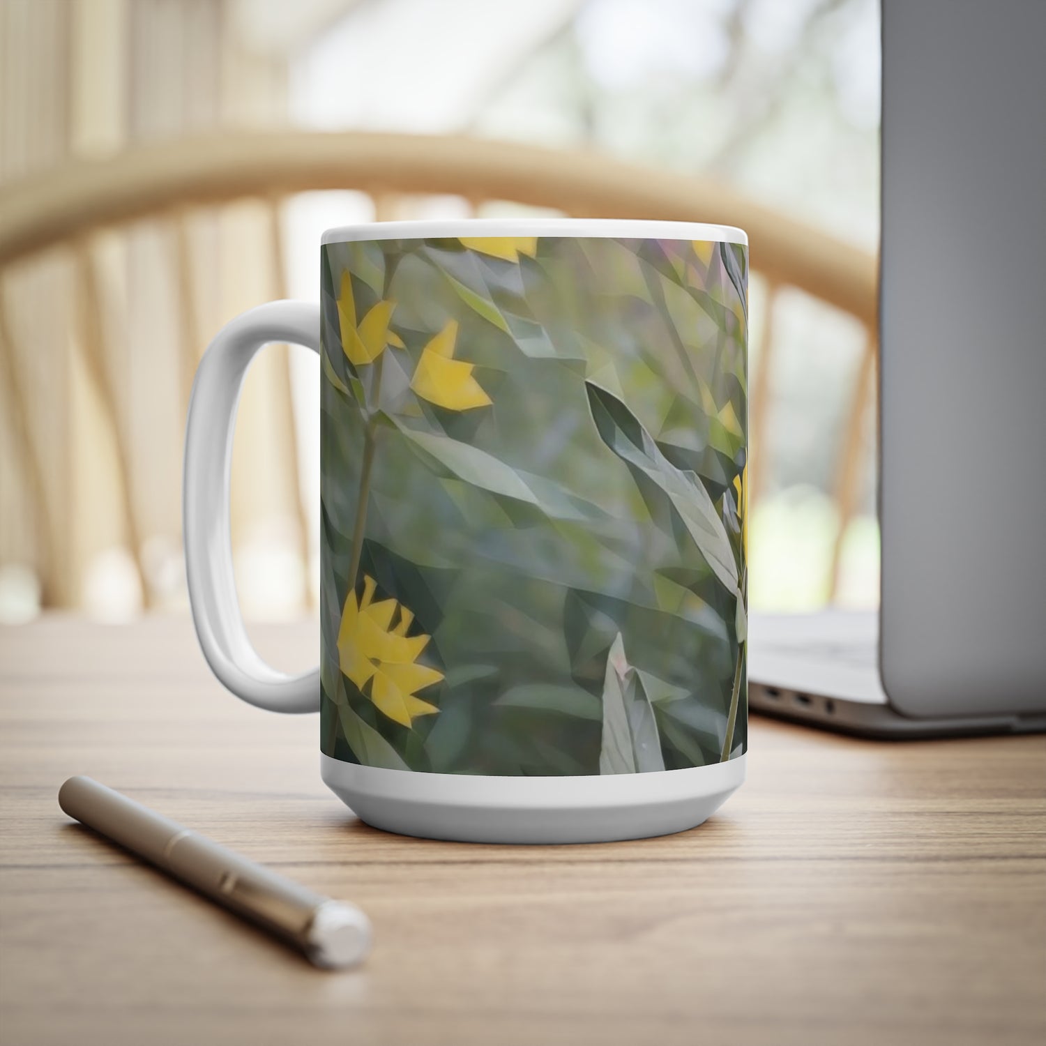 Ceramic White Cup 15oz - Poly Art - Flower of Lysimachia (Variant 1)