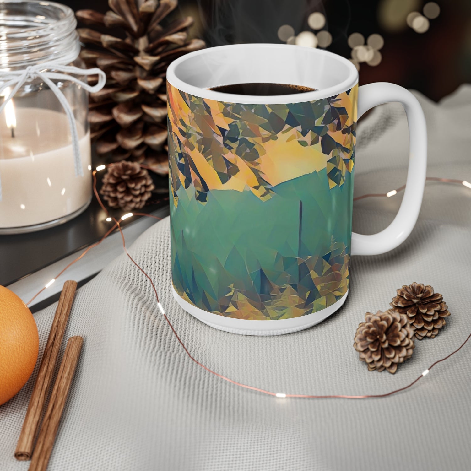 Ceramic White Cup 15oz - Poly Art - Forest (Variant 04)