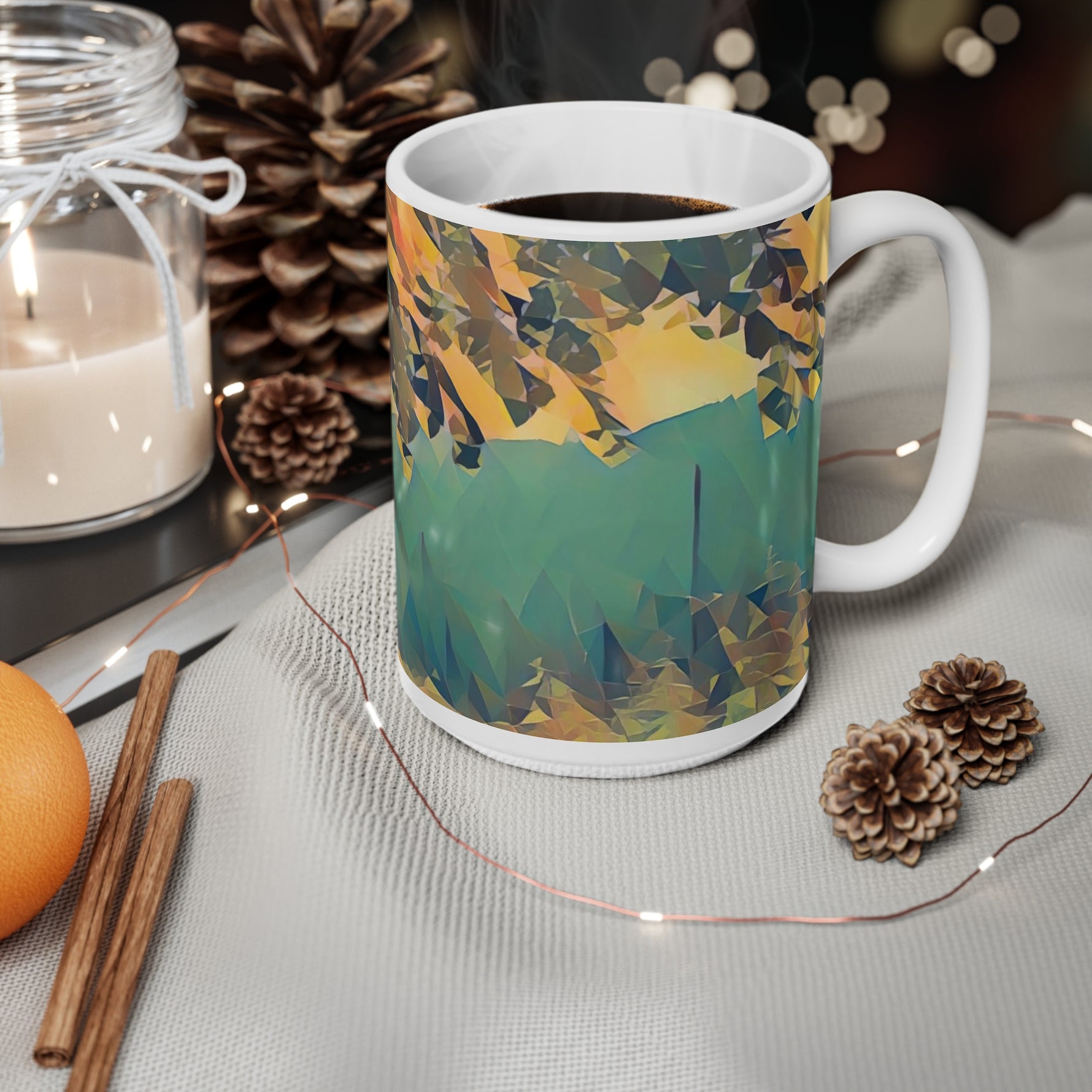Ceramic White Cup 15oz - Poly Art - Forest (Variant 04)