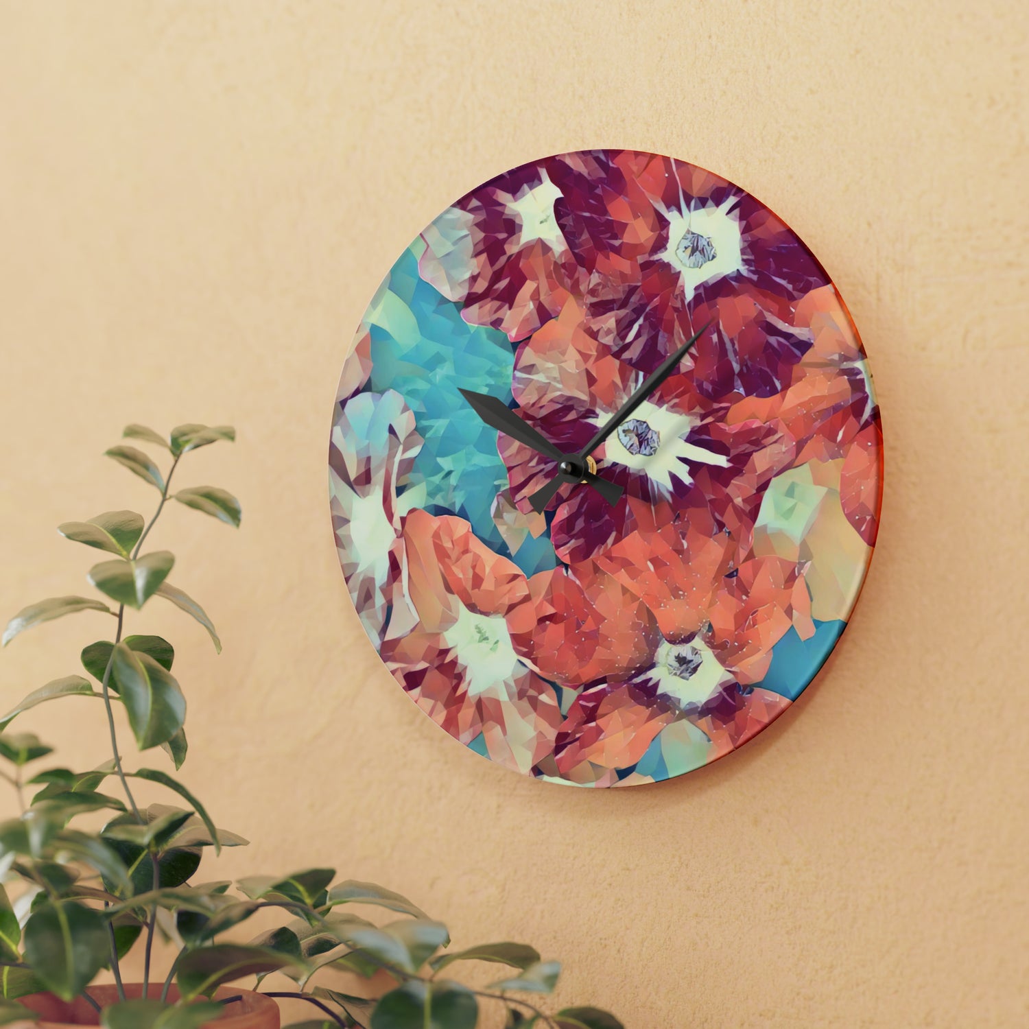 Acrylic Wall Clock - Poly Art - Flowers in Sky Blue and Red (Variant 2)