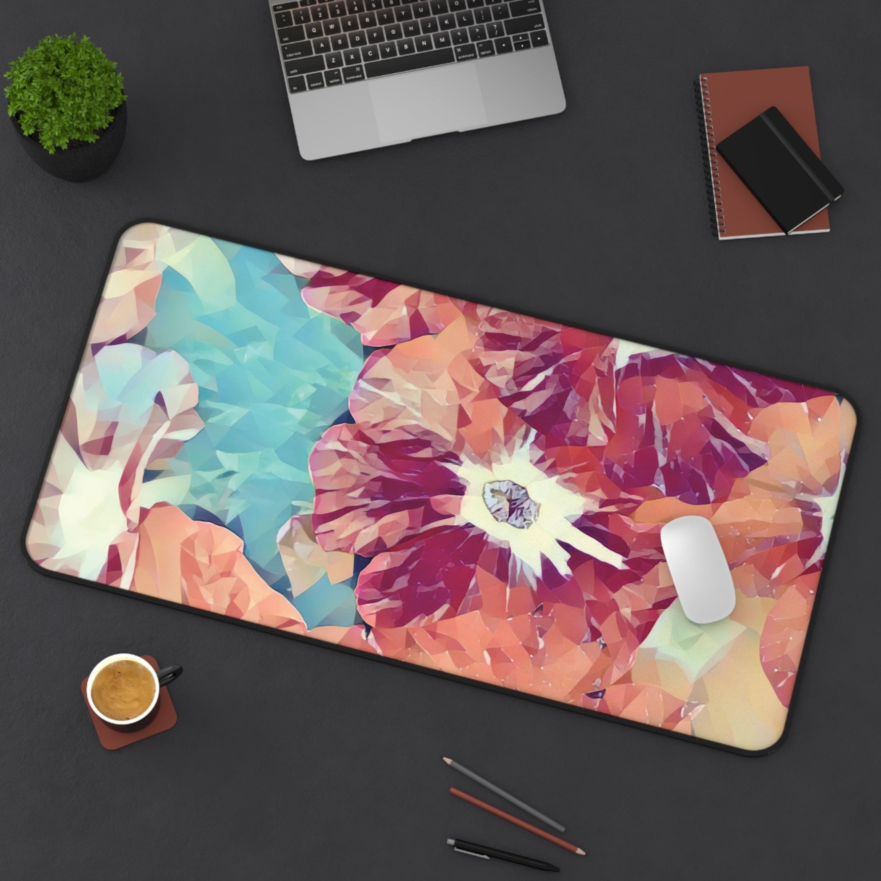 Desk Mat - Poly Art - Flowers, light blue and red colors (Variant 2)