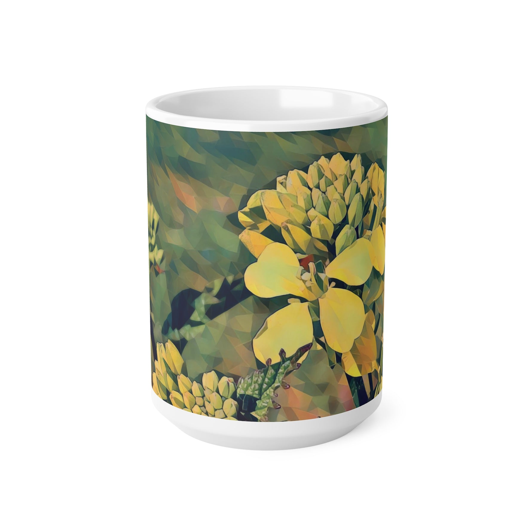 Ceramic White Cup 15oz - Poly Art - Flower, Yellow