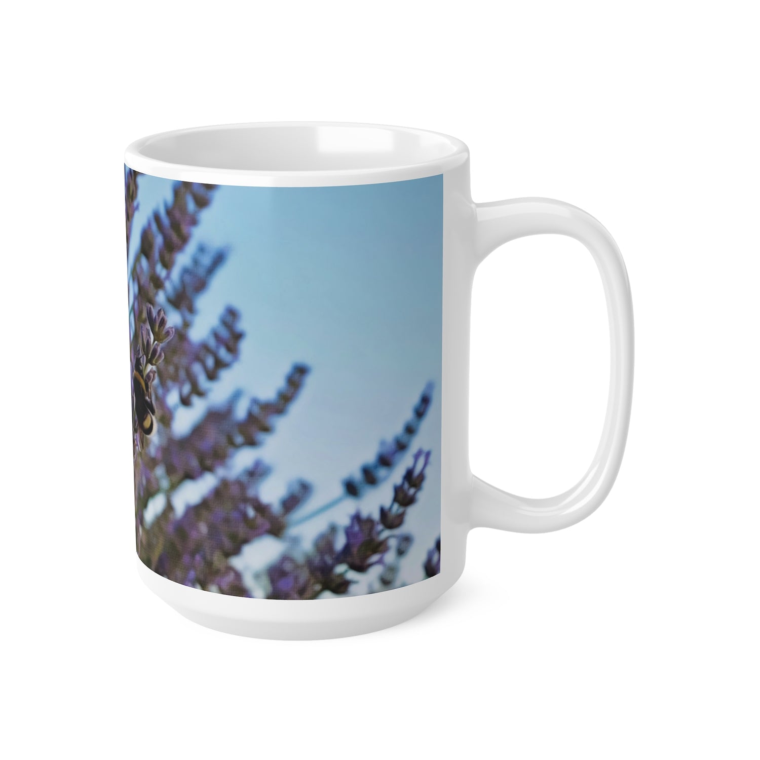 Ceramic White Cup 15oz - Flower of Lavender with bombus insect (Variant 1)