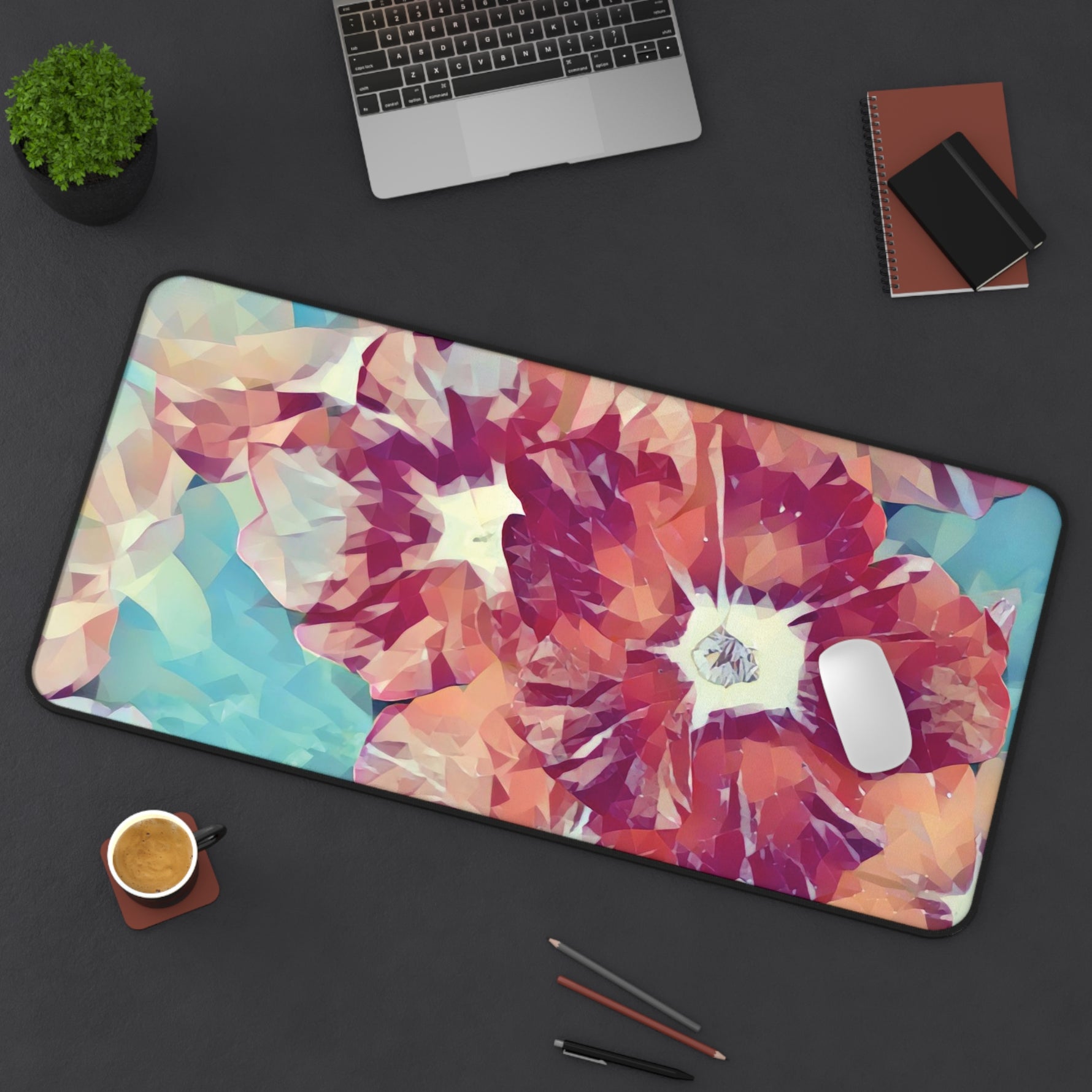 Desk Mat - Poly Art - Flowers, light blue and red colors (Variant 1)