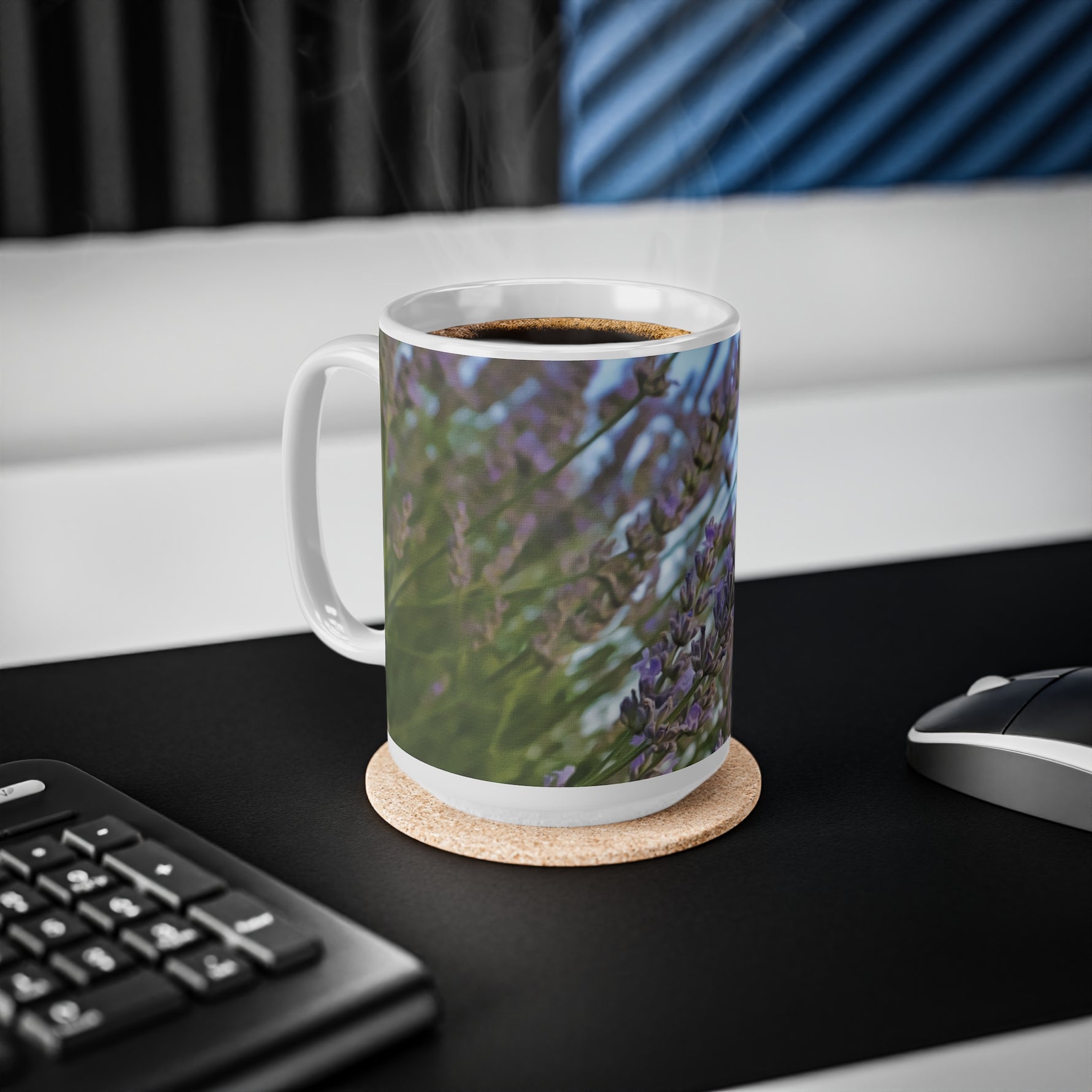 Ceramic White Cup 15oz - Flower of Lavender with bombus insect (Variant 1)