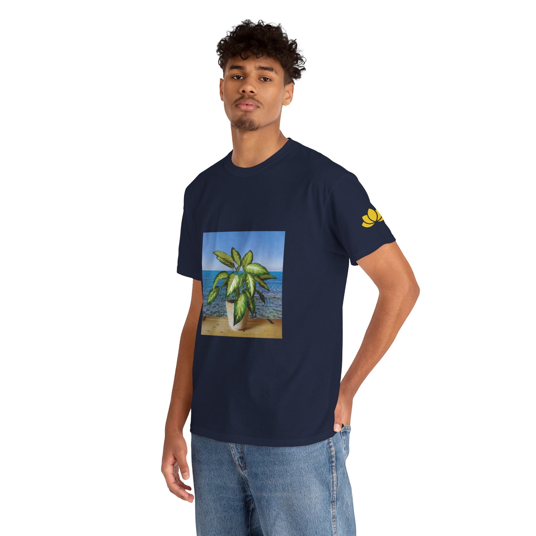 Unisex Heavy Cotton Tee - Dieffenbachia Plant and Sea landscape