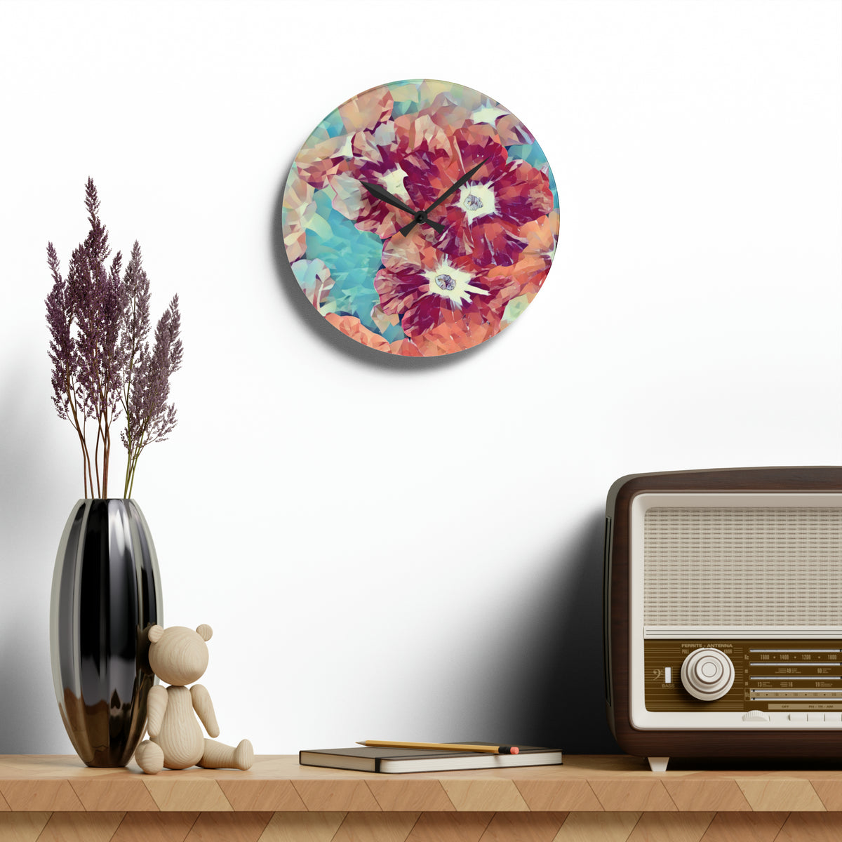 Acrylic Wall Clock - Poly Art - Flowers in Sky Blue and Red (Variant 1)