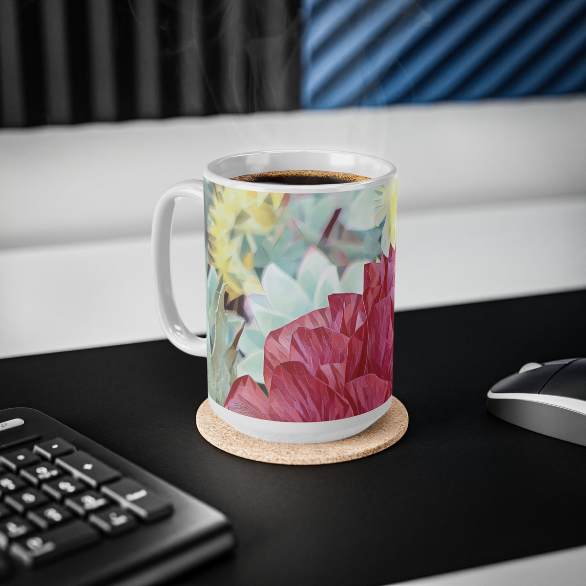 Ceramic White Cup 15oz - Poly Art - Flower of Dahlia in Red (Variant 2)