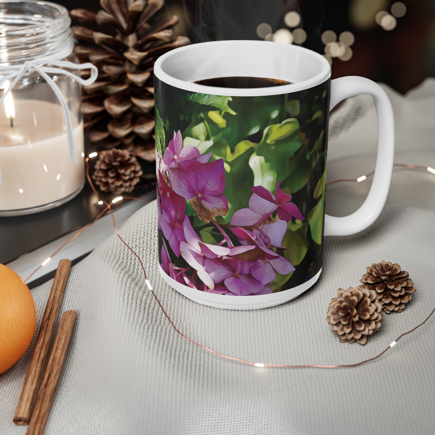 Ceramic White Cup 15oz - Flower of Ortensia/Hydrangea Macrophylla
