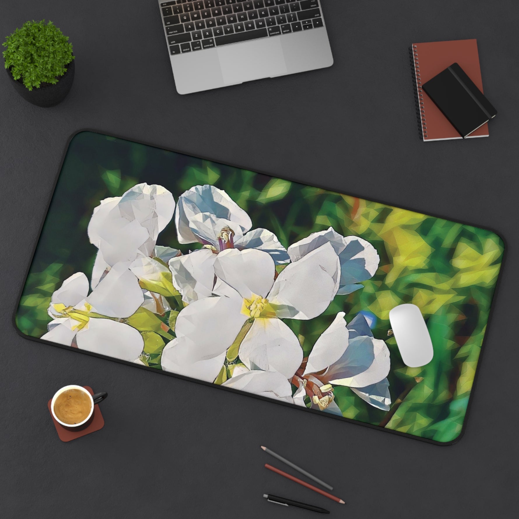 Desk Mat - Poly Art - Flower, White Petals