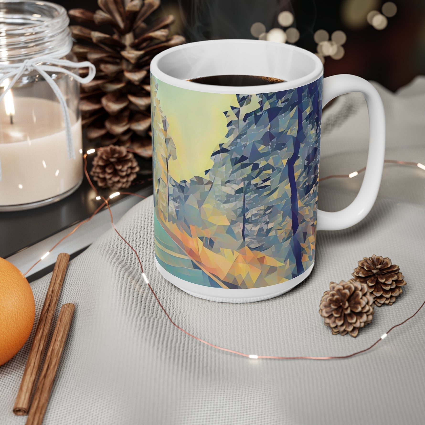 Ceramic White Cup 15oz - Poly Art - Forest (Variant 02)