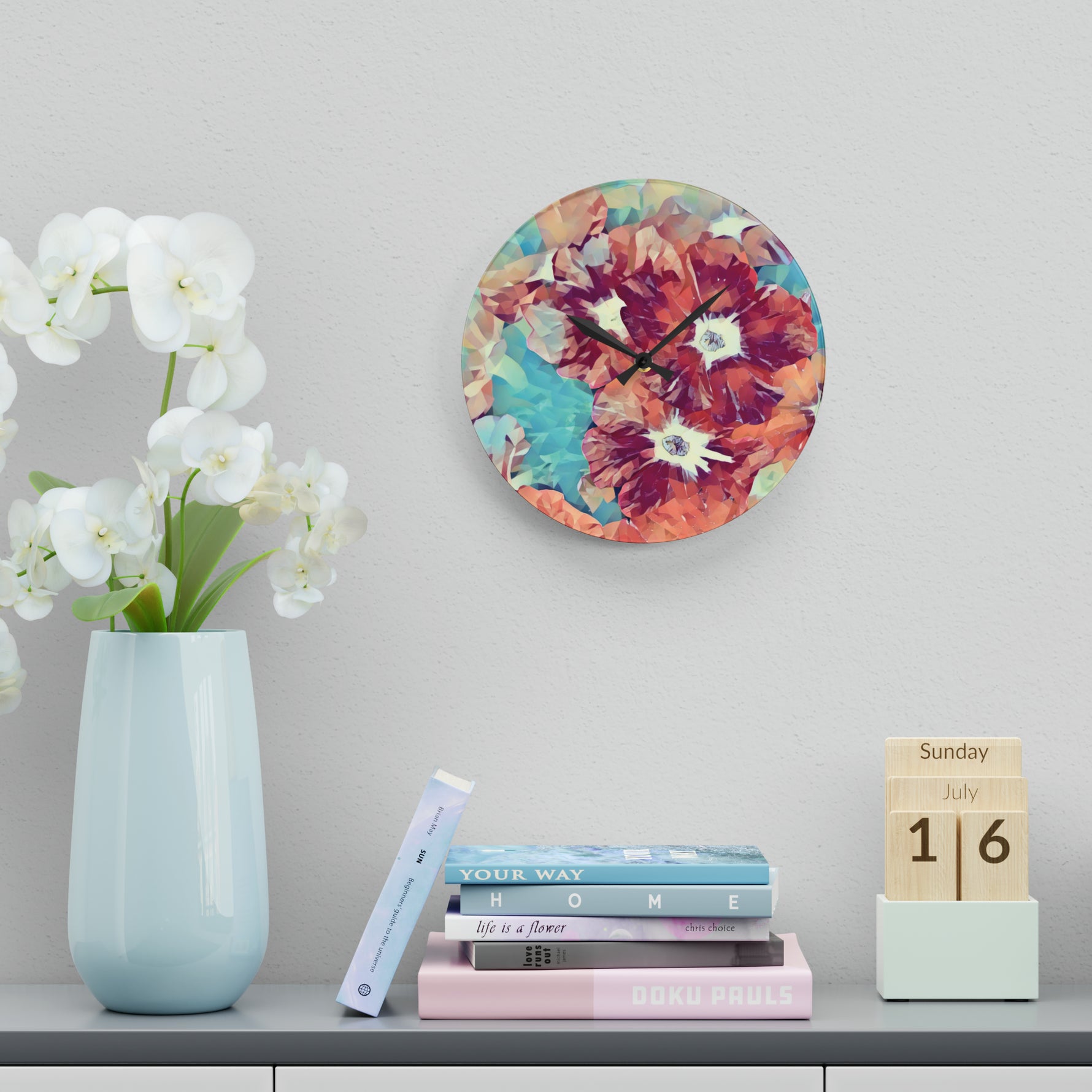 Acrylic Wall Clock - Poly Art - Flowers in Sky Blue and Red (Variant 1)