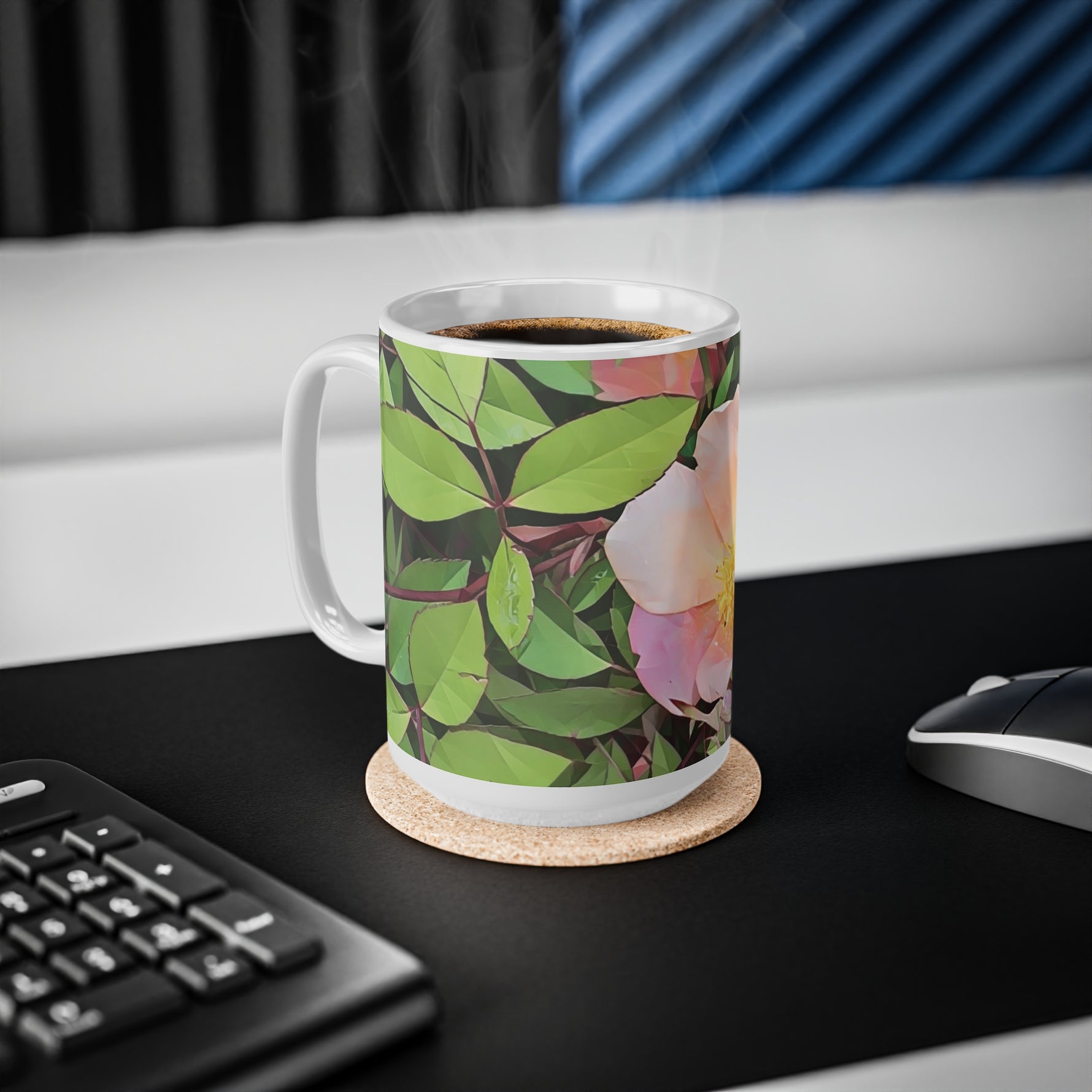 Ceramic White Cup 15oz - Poly Art - Flower of Rose (Variant 1)