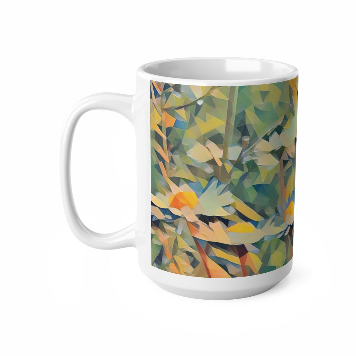 Ceramic White Cup 15oz - Poly Art - Flower of Daisies (Variant 2)