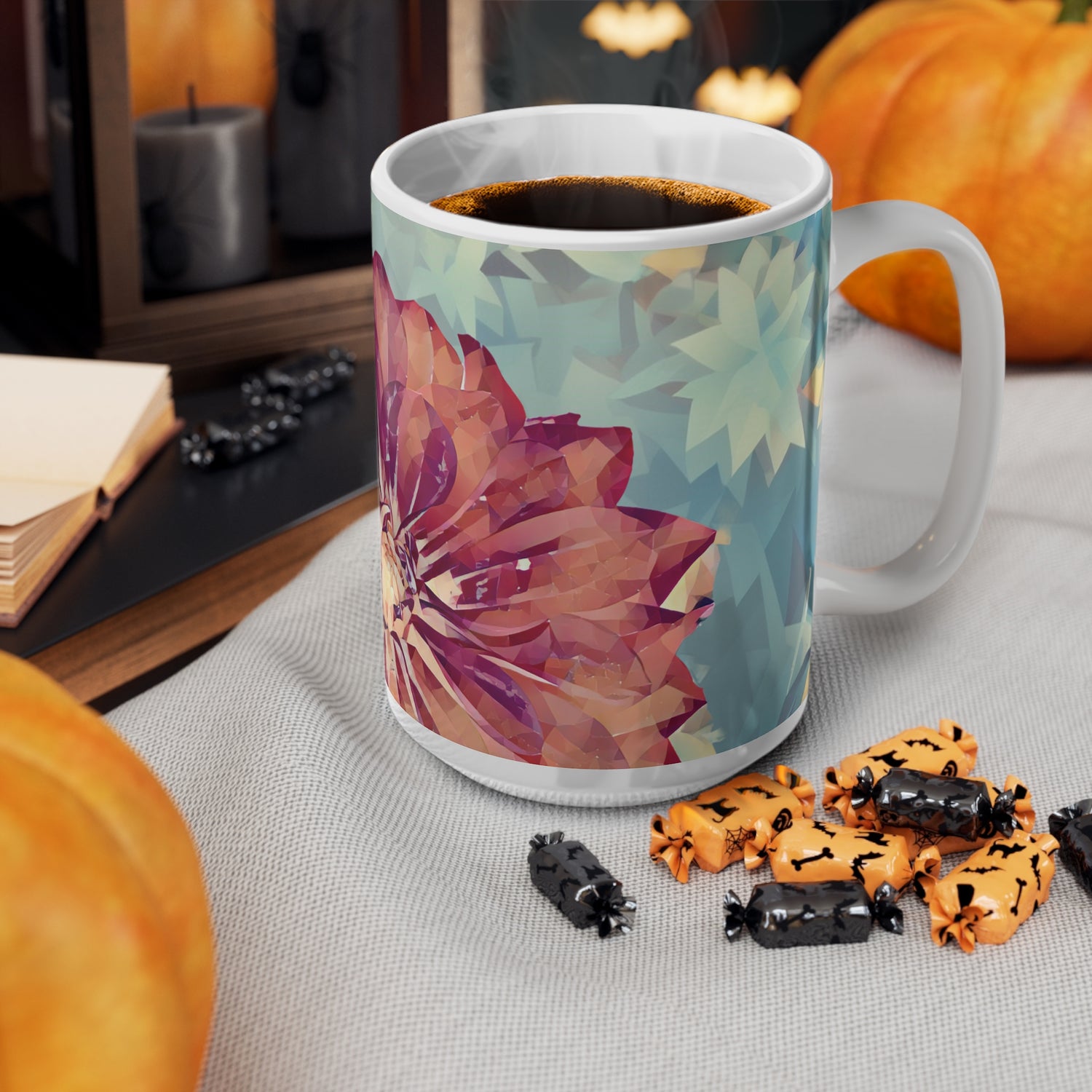 Ceramic White Cup 15oz - Poly Art - Flower of Dahlia (Variant 1)