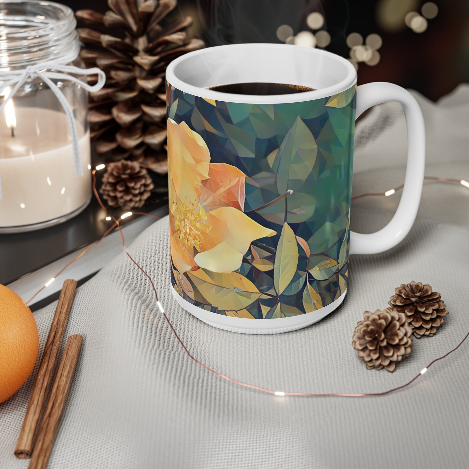 Ceramic White Cup 15oz - Poly Art - Flower of Rose (Variant 2)