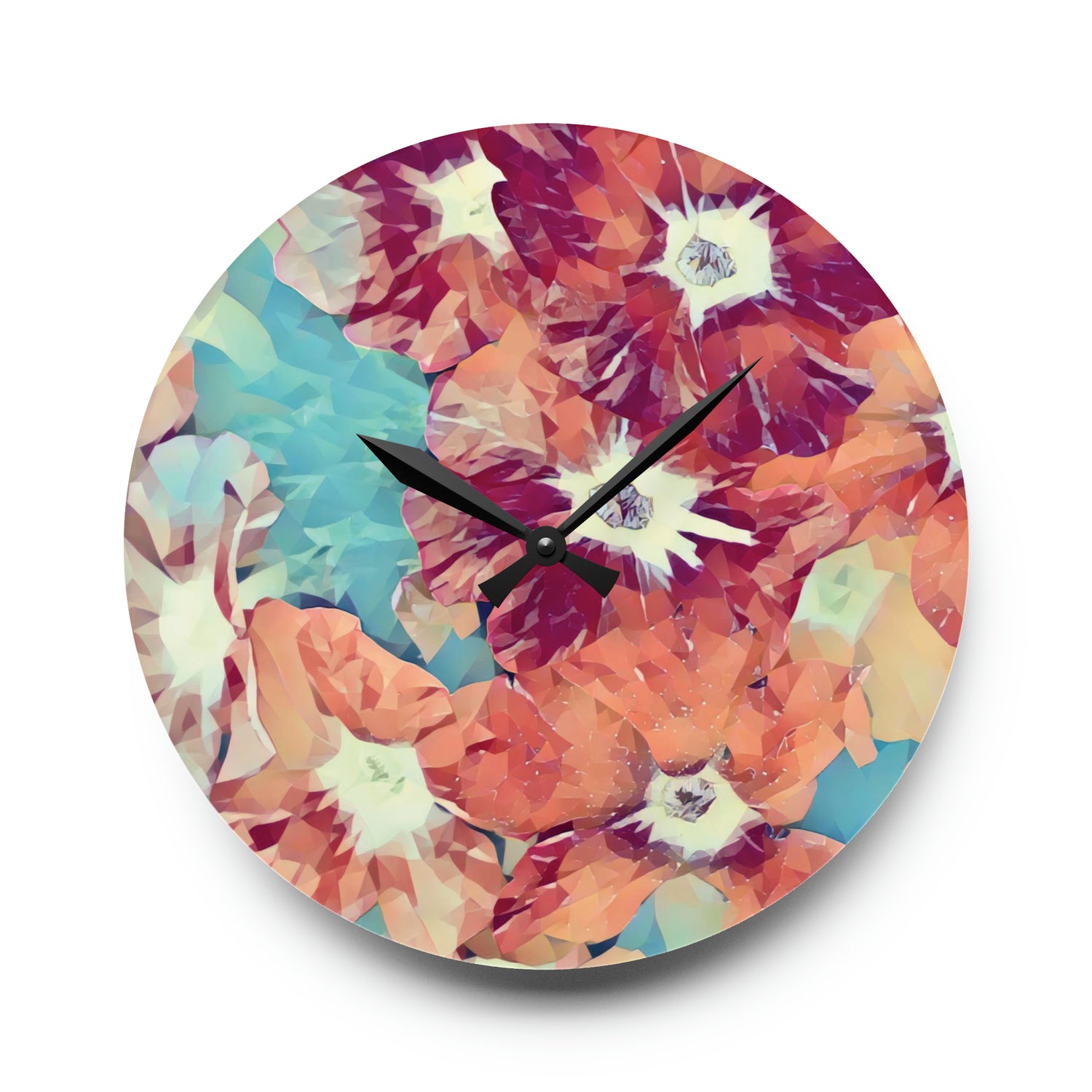 Acrylic Wall Clock - Poly Art - Flowers in Sky Blue and Red (Variant 2)
