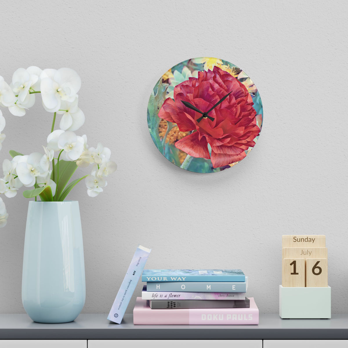 Acrylic Wall Clock - Poly Art - Flower of Dahlia in Red (Variant 1)