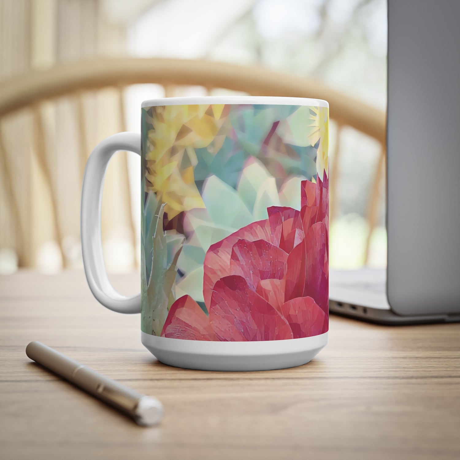 Ceramic White Cup 15oz - Poly Art - Flower of Dahlia in Red (Variant 1)