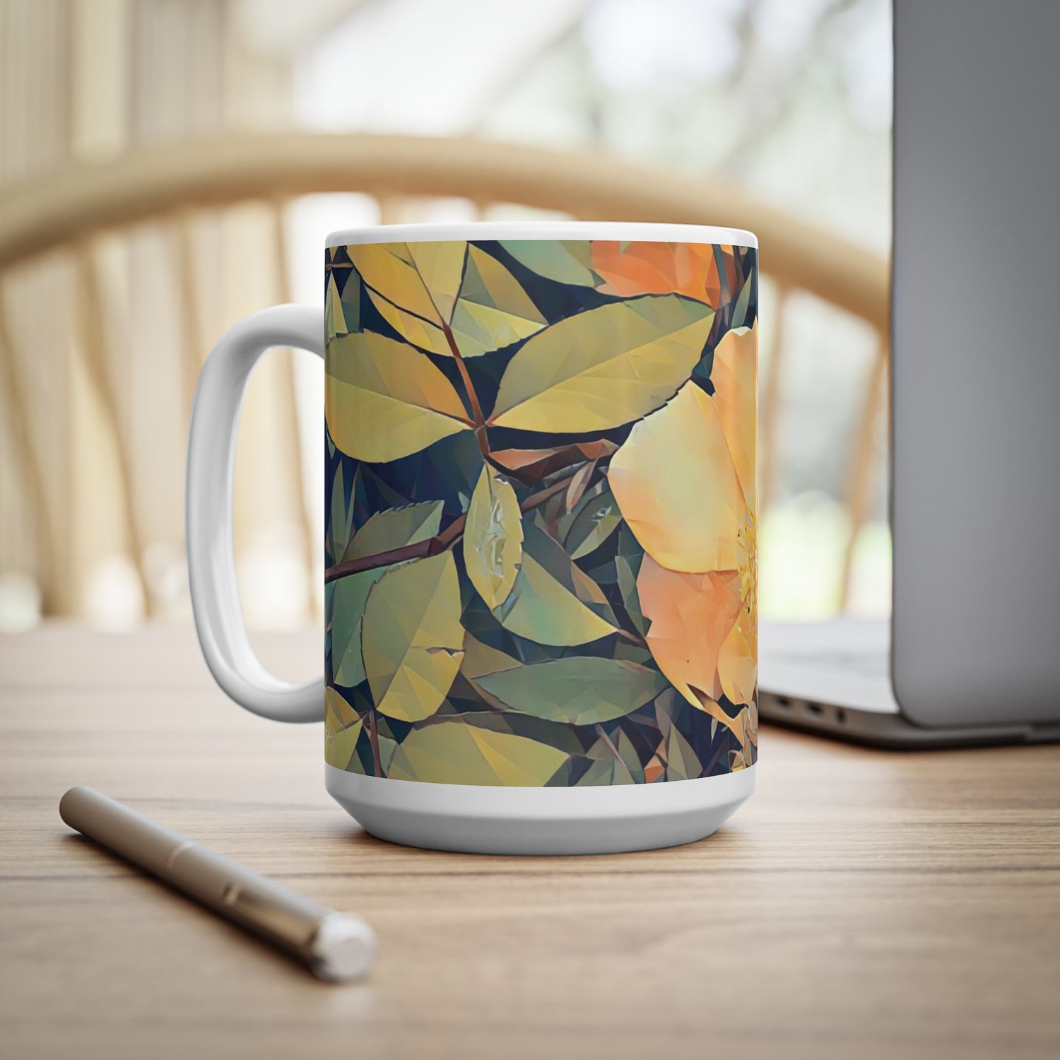 Ceramic White Cup 15oz - Poly Art - Flower of Rose (Variant 2)