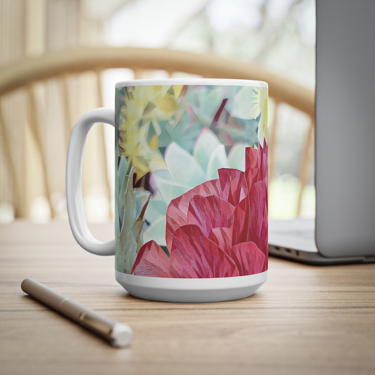 Ceramic White Cup 15oz - Poly Art - Flower of Dahlia in Red (Variant 2)