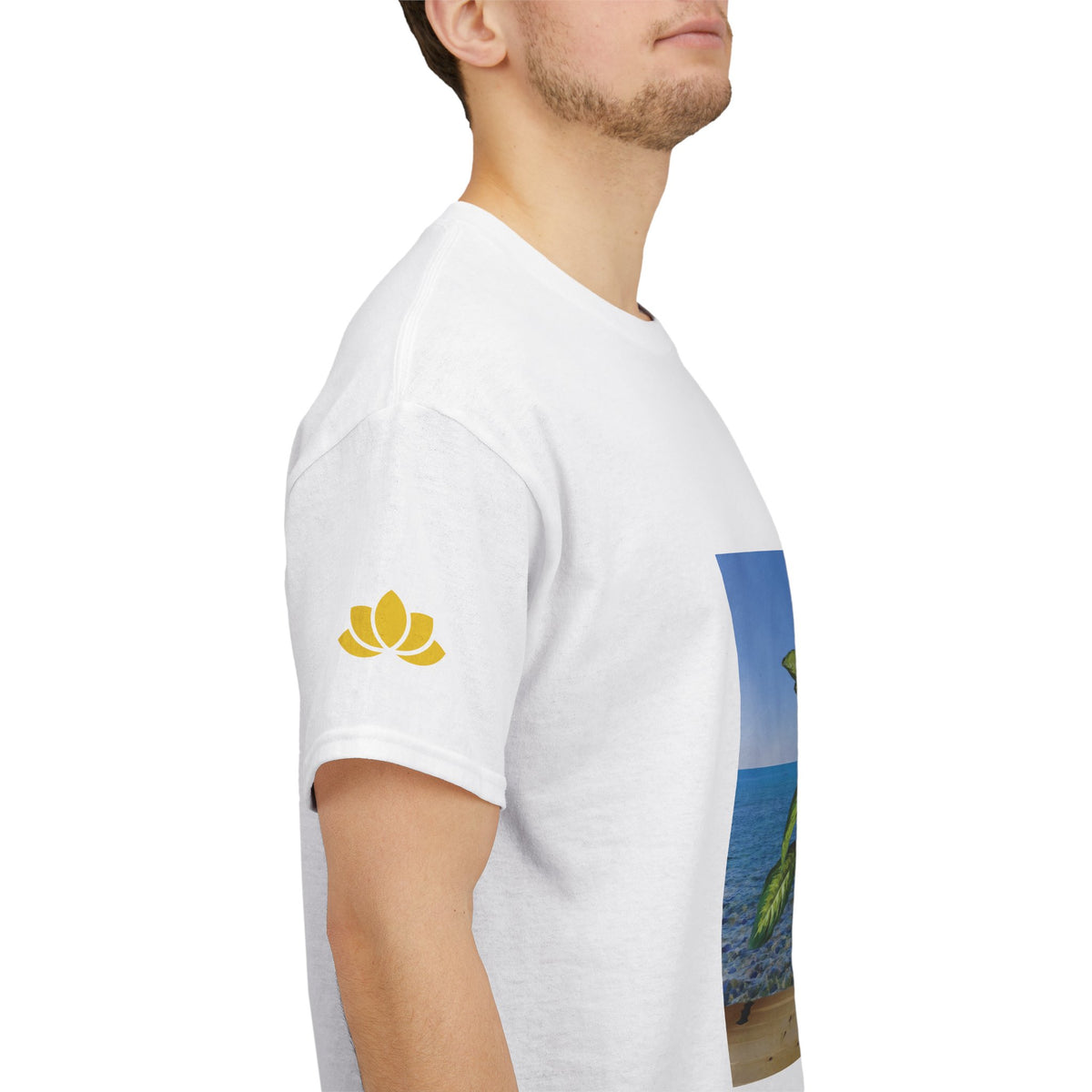 Unisex Heavy Cotton Tee - Dieffenbachia Plant and Sea landscape